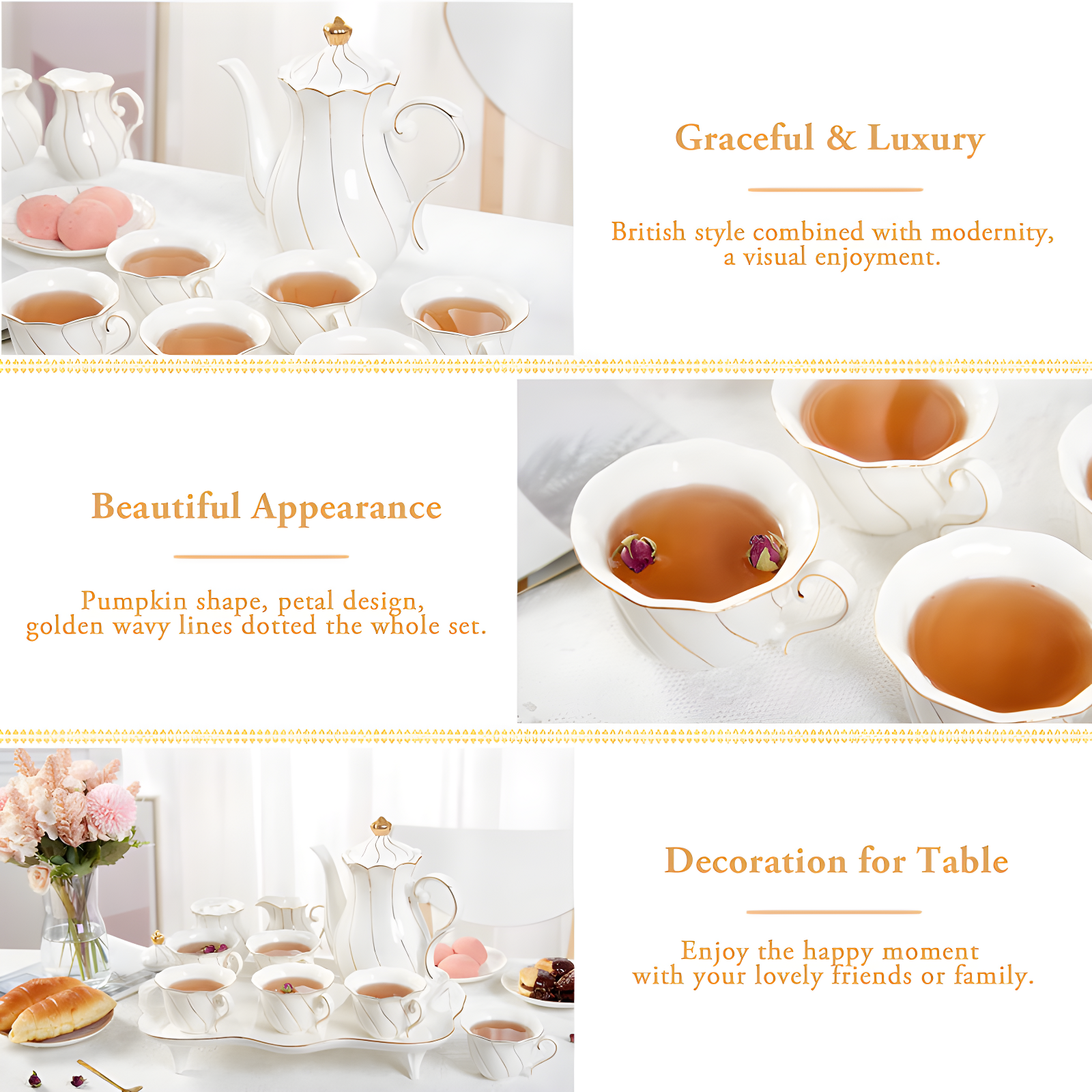Red Barrel Studio® 14 Pcs Tea Set For 6 With Tea Tray & Spoons, Luxury British Style Tea/Coffee Cup Set With Golden Trim, Beautiful Porcelain Tea Set For Living Room Decor, Tea Party Set, Gift Package - White