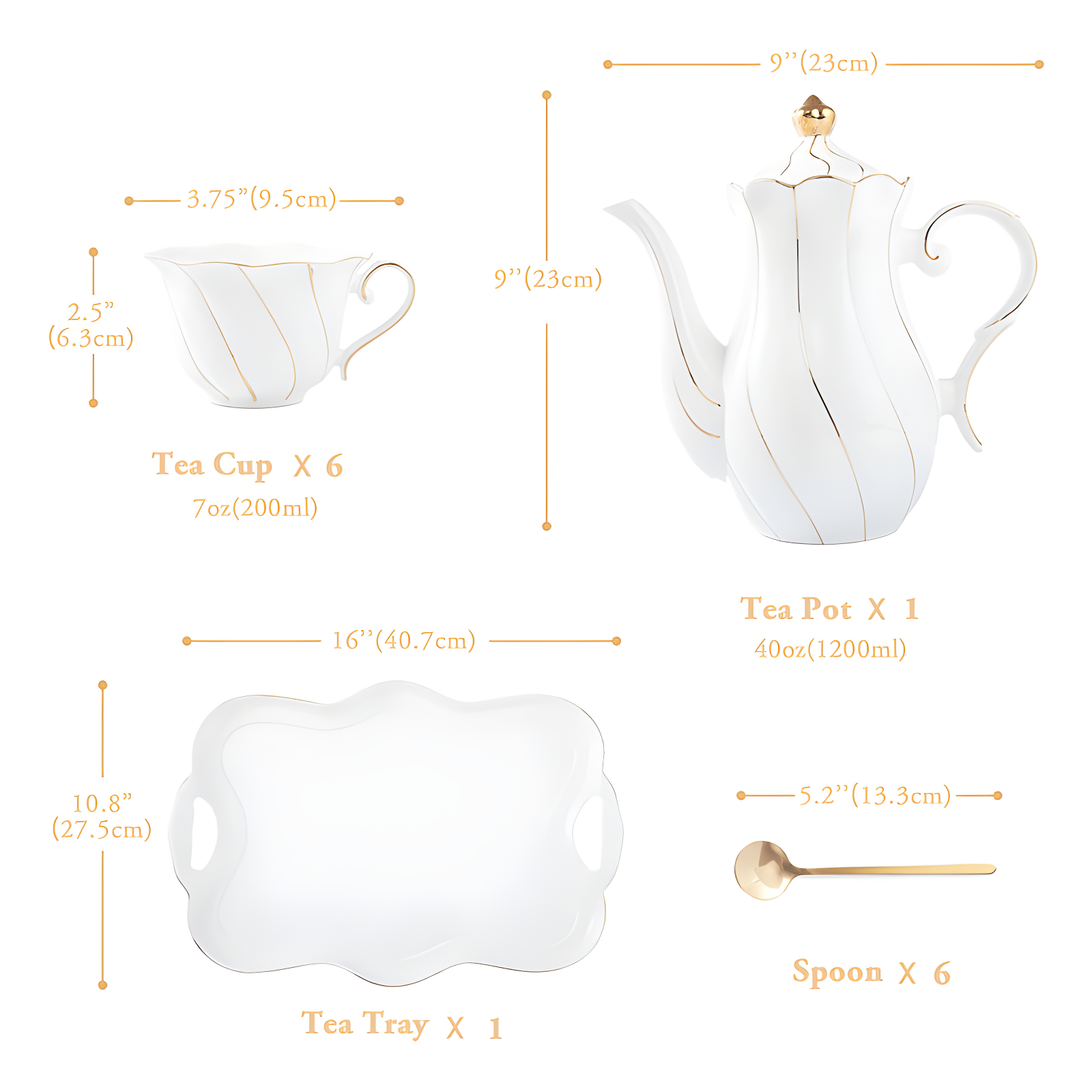 Red Barrel Studio® 14 Pcs Tea Set For 6 With Tea Tray & Spoons, Luxury British Style Tea/Coffee Cup Set With Golden Trim, Beautiful Porcelain Tea Set For Living Room Decor, Tea Party Set, Gift Package - White