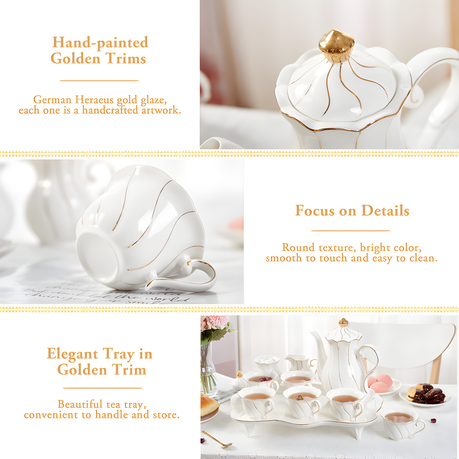 Red Barrel Studio® 14 Pcs Tea Set For 6 With Tea Tray & Spoons, Luxury British Style Tea/Coffee Cup Set With Golden Trim, Beautiful Porcelain Tea Set For Living Room Decor, Tea Party Set, Gift Package - White