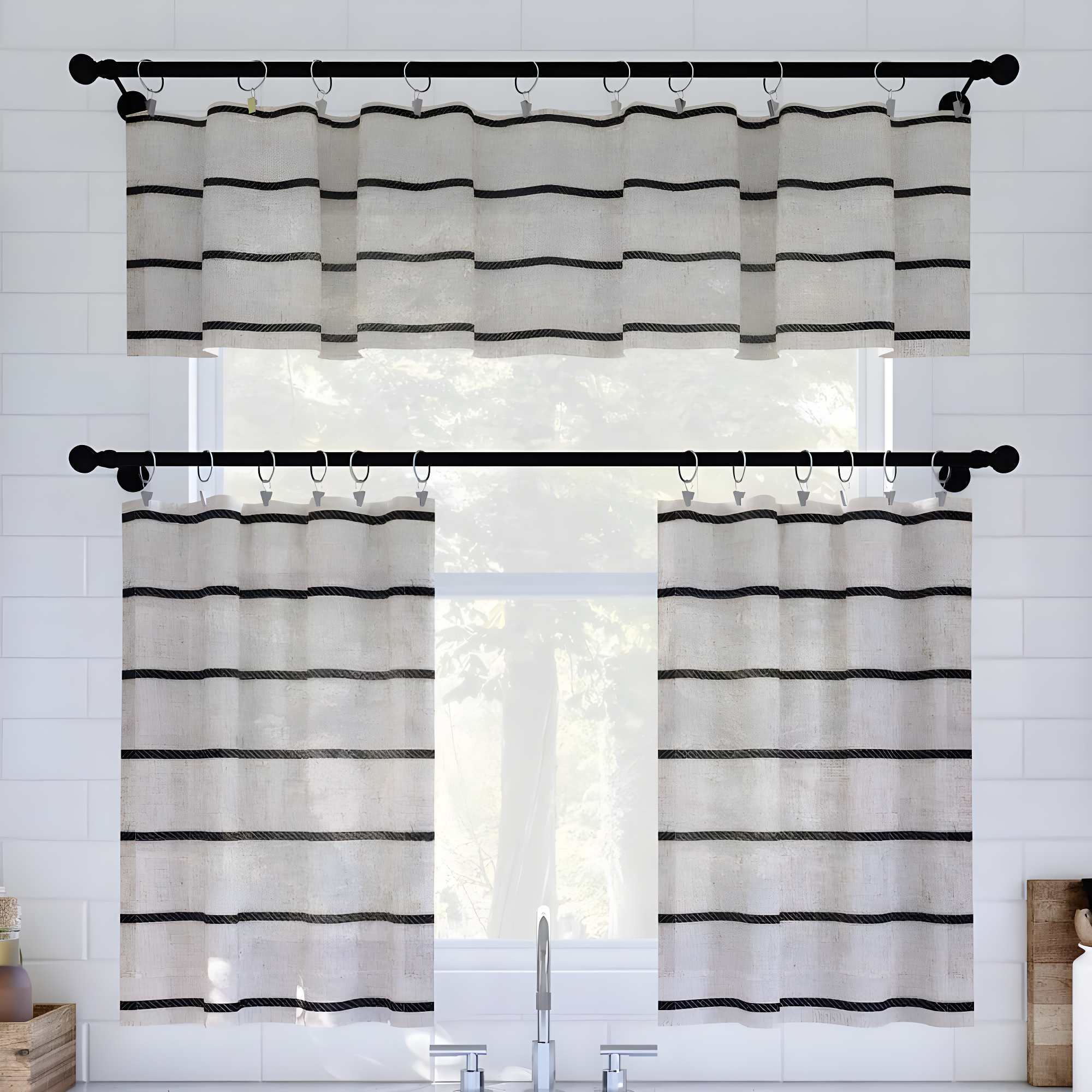 Clean Window Clean Window Aso Twill Stripe Linen Blend Sheer Rod Pocket Kitchen Curtain Valance
