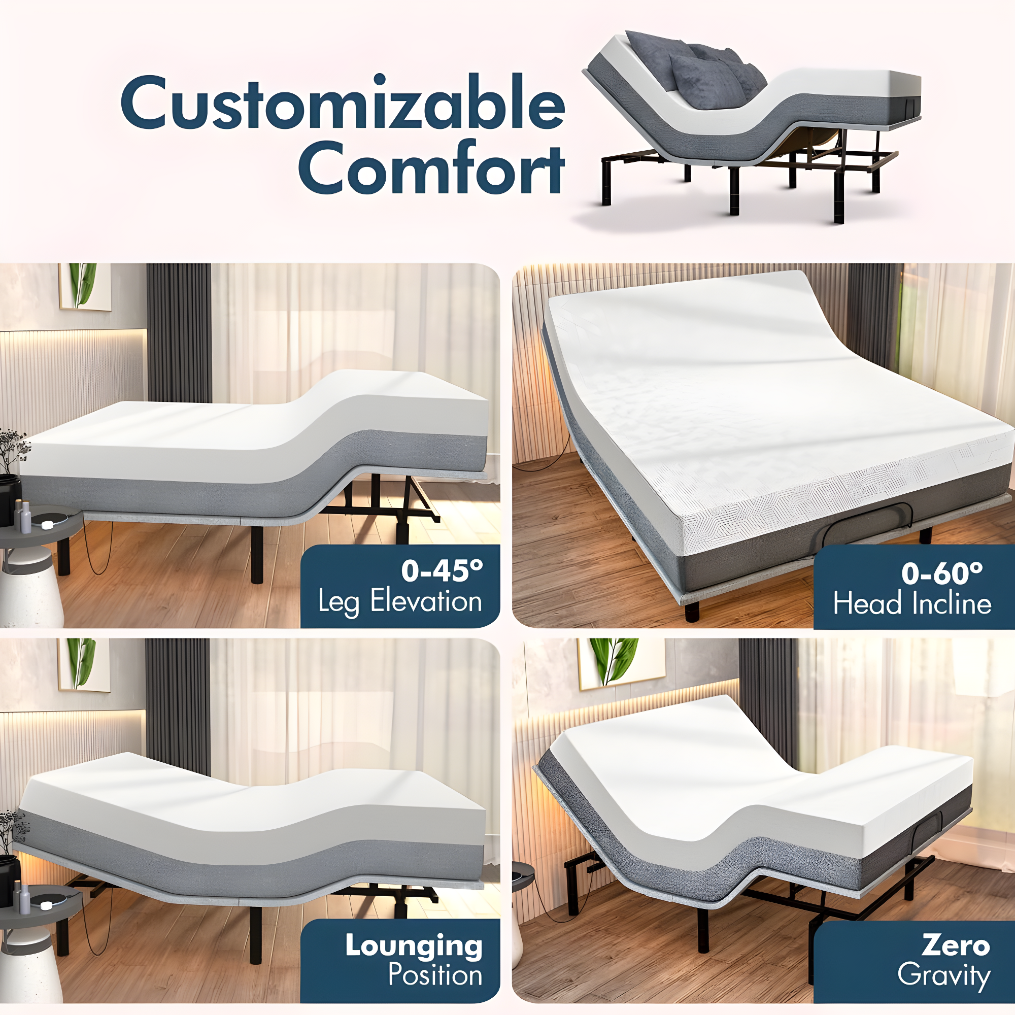 Renanim Serenityflex Adjustable Bed Frame with Electric Dual Massage - USB, Under Bed Light, Zero Gravity, App Control, Head and Foot Incline, Reclining Base Full