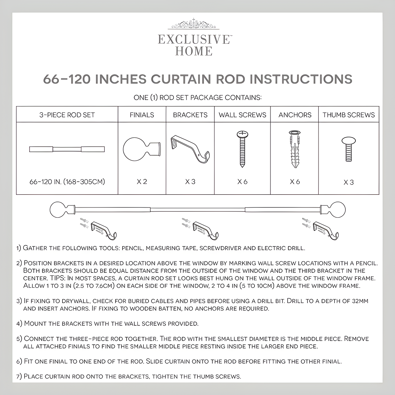 Amalgamated Textiles Exclusive Home Lancelot 1" Window Curtain Rod and Finial Set, Adjustable