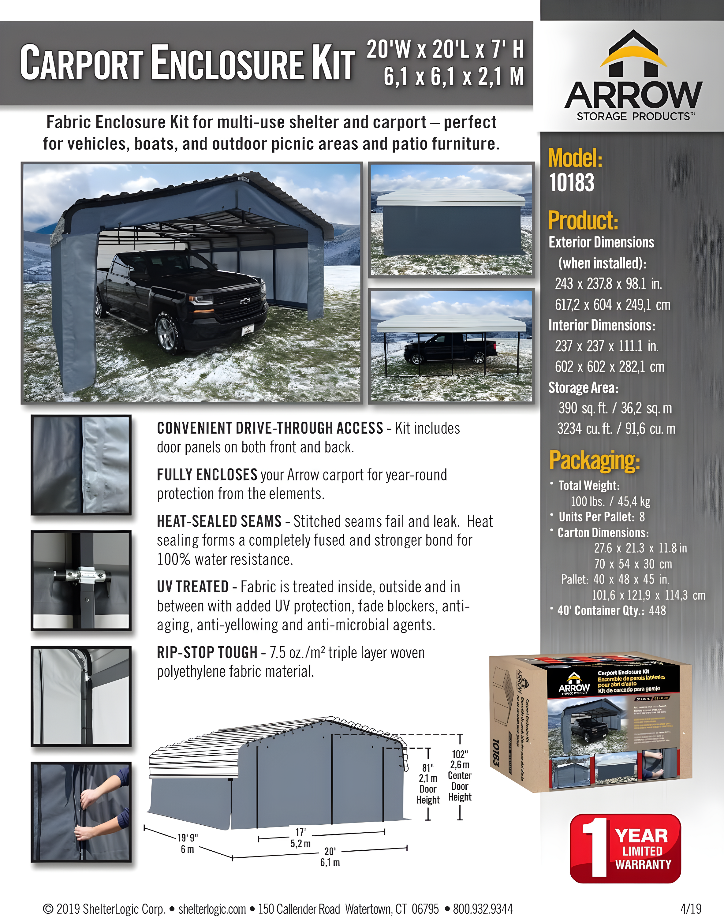 Arrow Carports Enclosure Kit for Galvanized Steel Carport, Fabric Carport Wall Panels, 20' x 20' x 7'