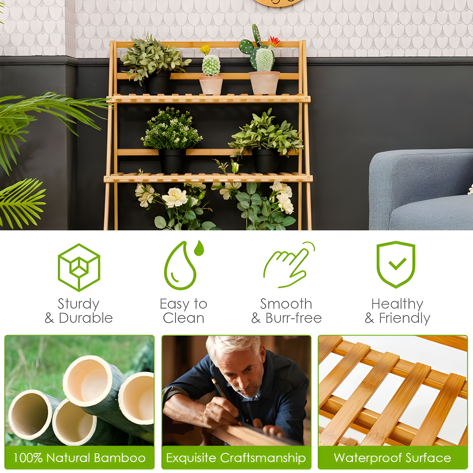 Costway Bamboo Ladder Plant Stand 3-Tier Foldable Flower Pot Display Shelf Rack Natural