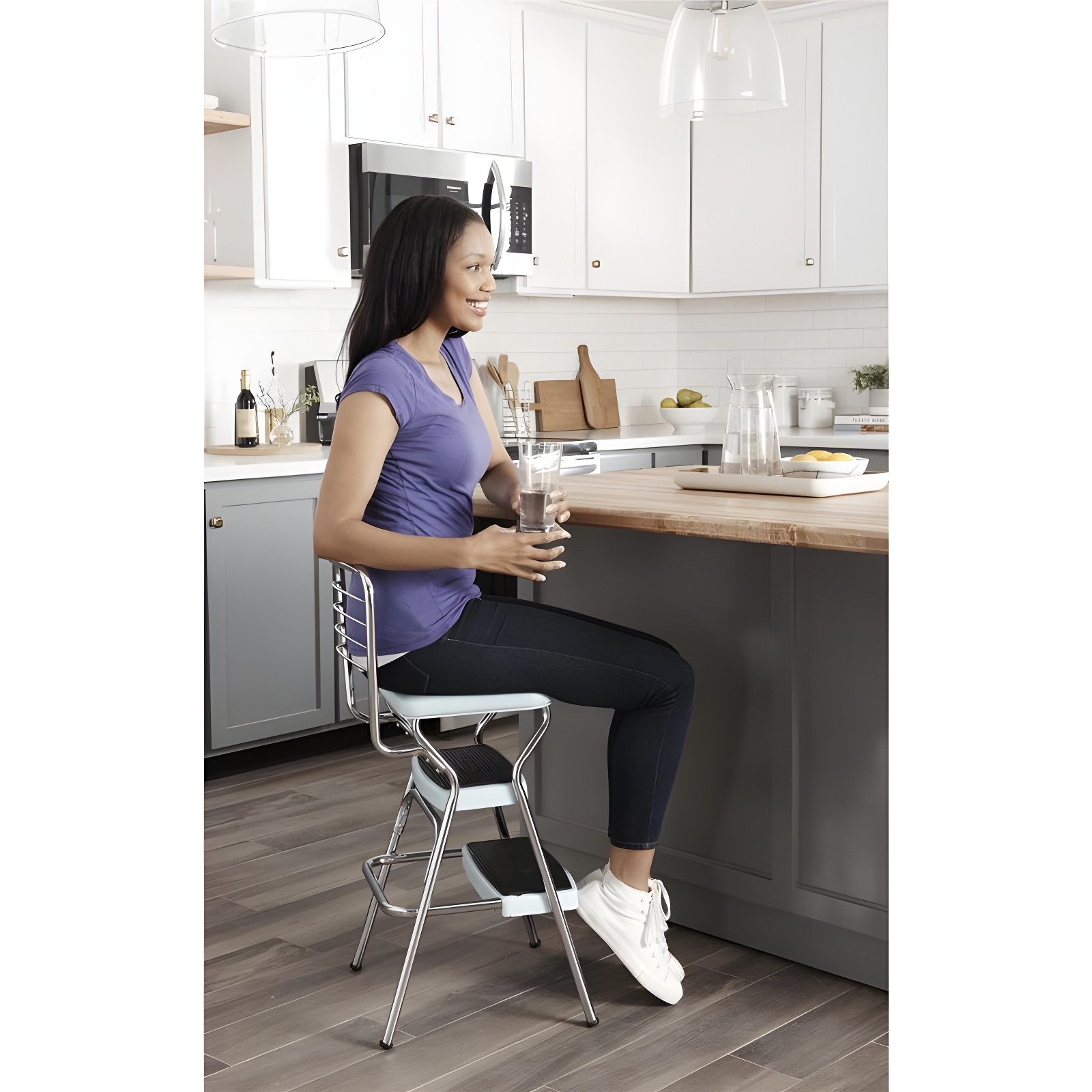 Stylaire Steel Retro Chair + Step Stool with Flip-Up Vinyl Seat