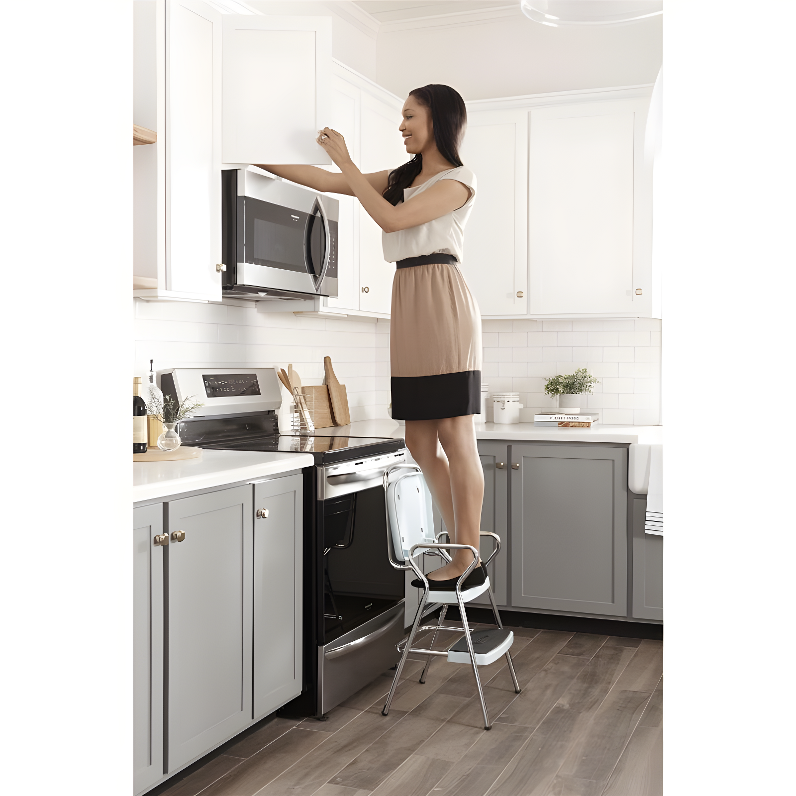 Stylaire Steel Retro Chair + Step Stool with Flip-Up Vinyl Seat