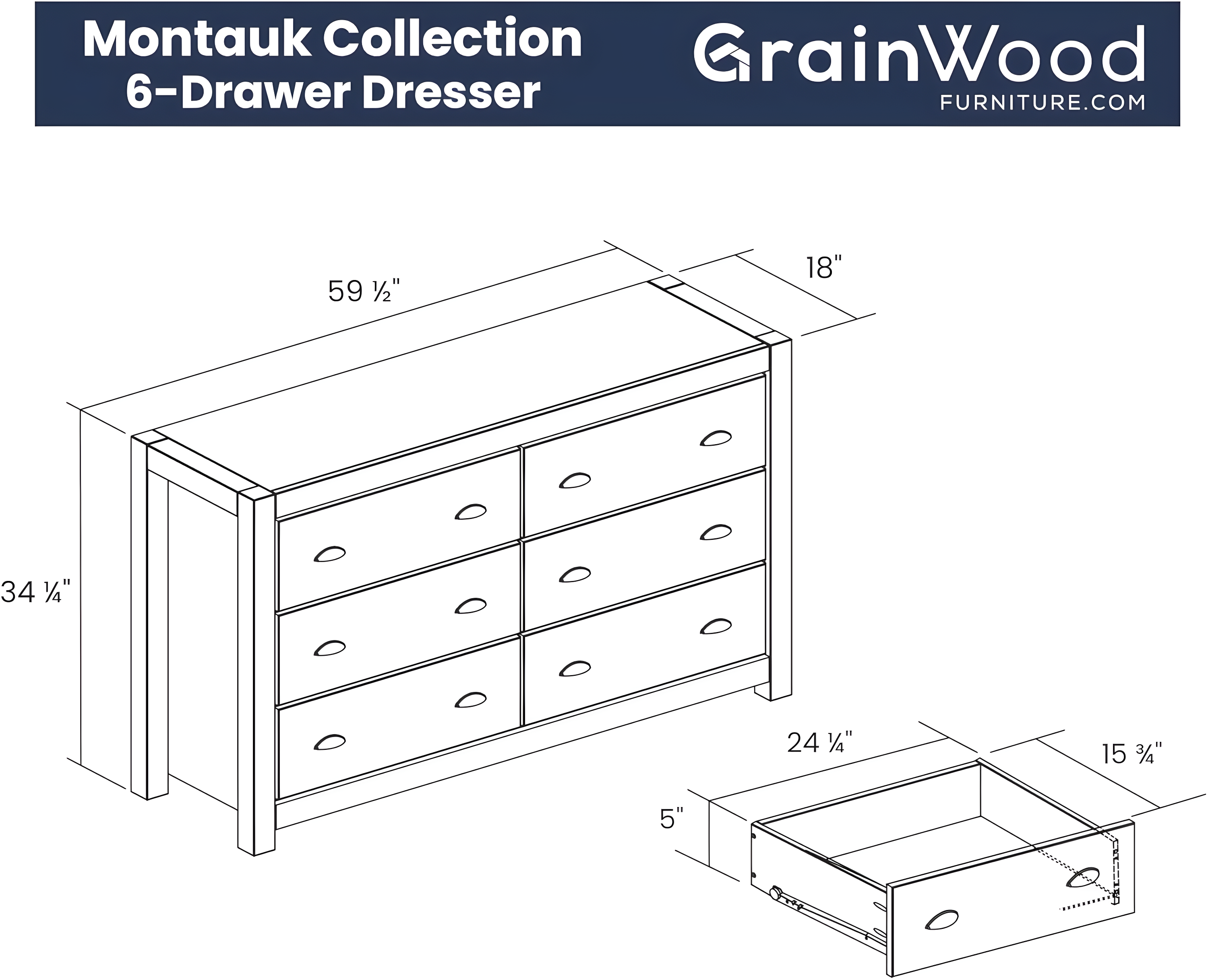 Montauk Solid Wood 59.5'' W 6 - Drawer Dresser