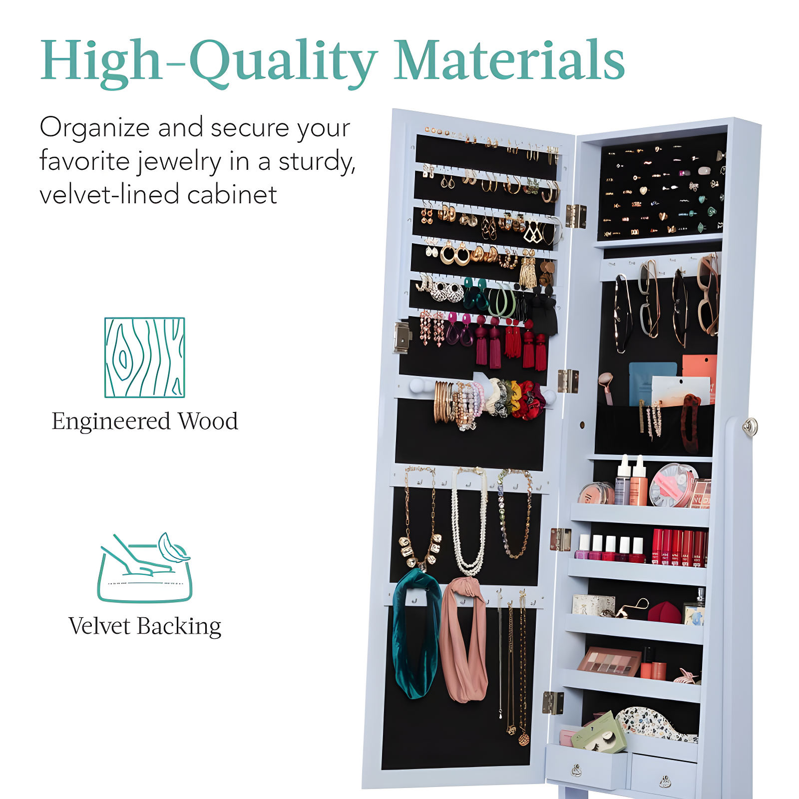 Best Choice Products Jewelry Armoire Cabinet, Full Length Mirror w/ Velvet Storage Interior, Lock - Powder Blue
