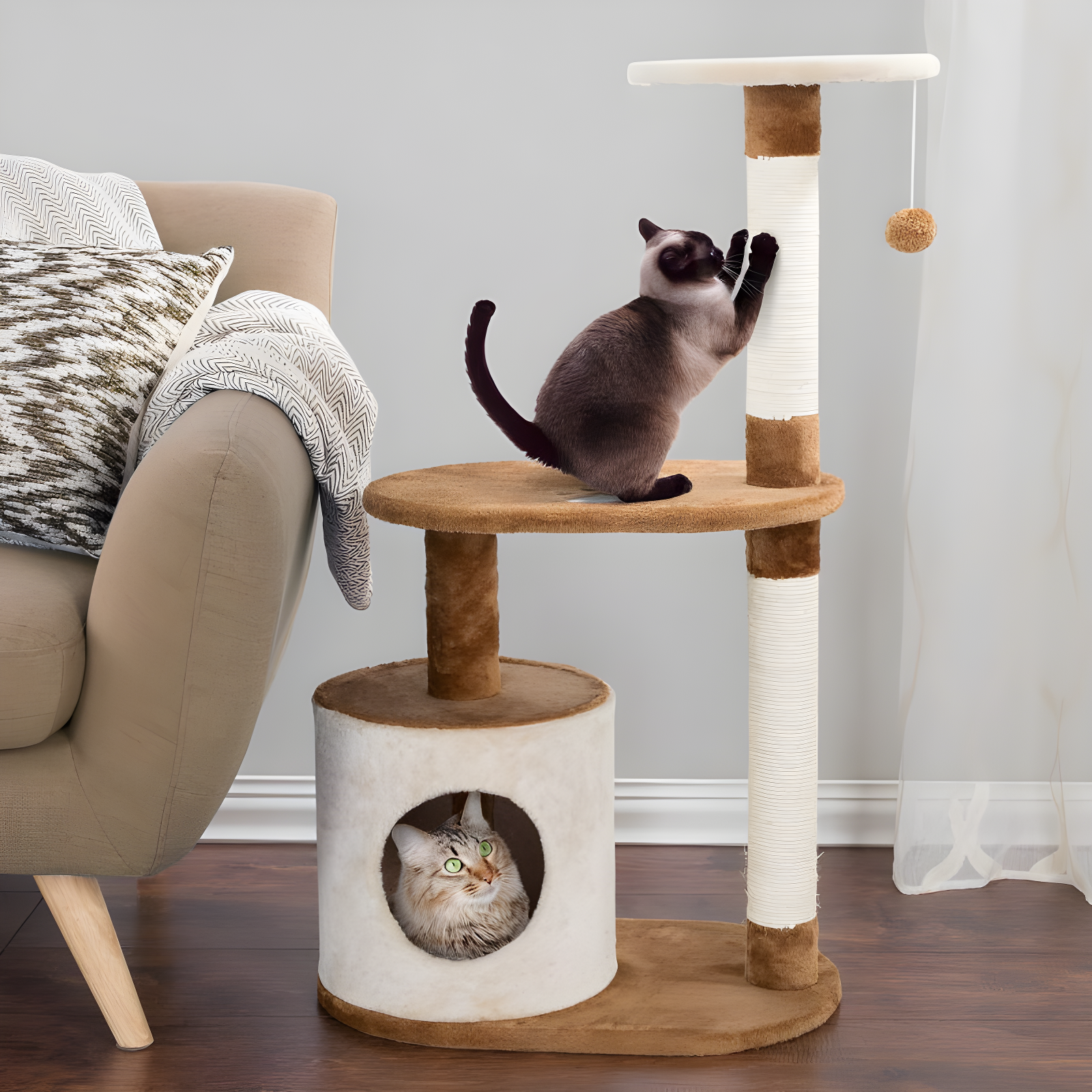 Petmaker PETMAKER 3-Tier Cat Tree - 2 Napping Perches, Kitten Condo, 2 Sisal Rope Scratching Posts, and Hanging Toy - Tower for Indoor Kitties (Brow