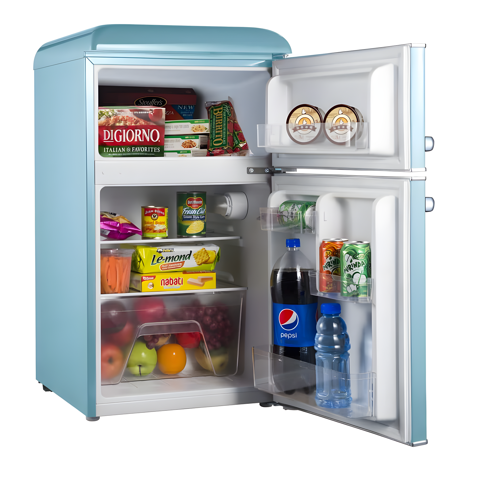 Retro Blue Compact Double Door Mini Fridge with Freezer