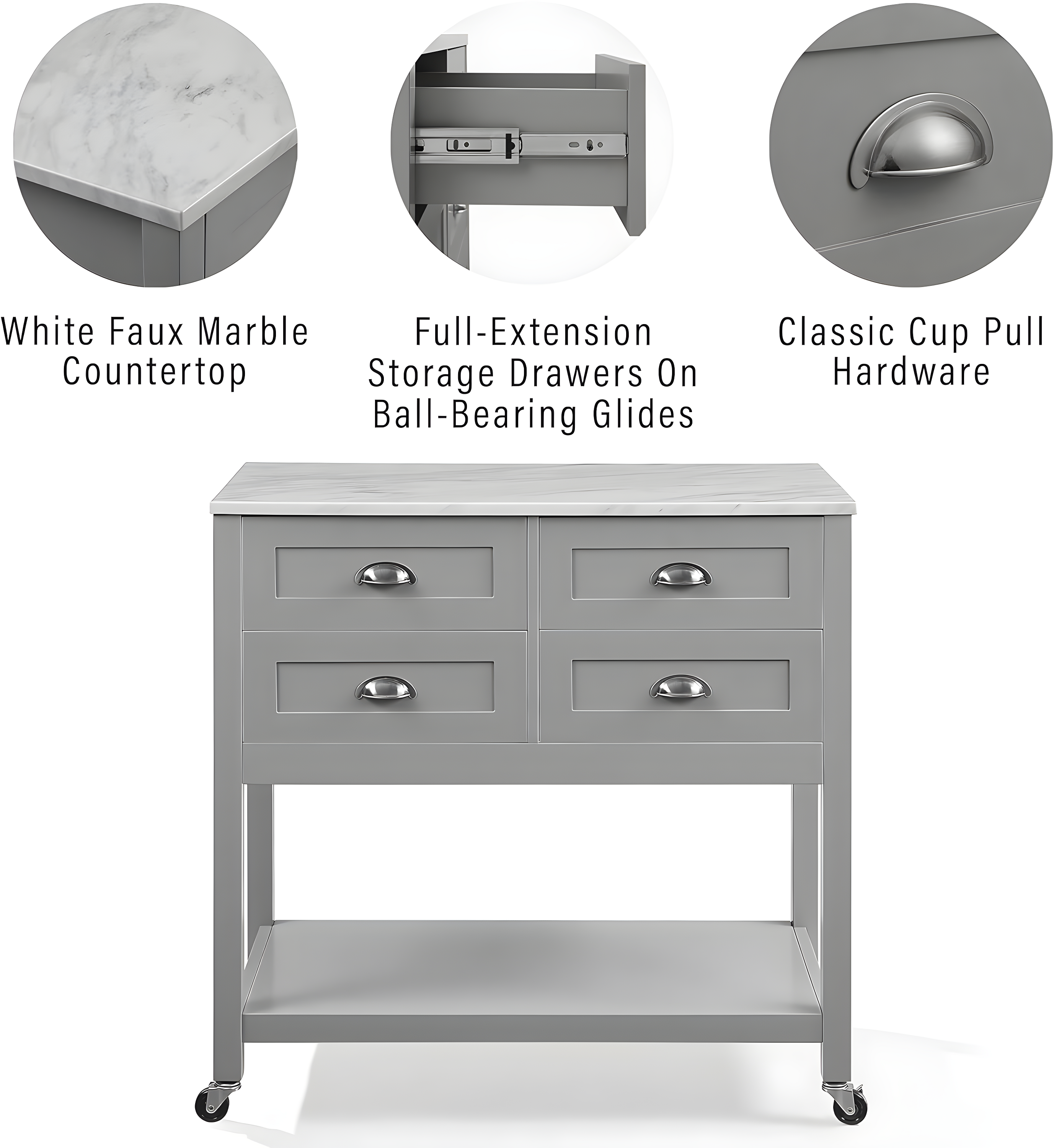 Connell Kitchen Island Cart Gray/White Marble - Crosley: Mobile Storage, 4 Drawers, Open Shelf, Locking Wheels