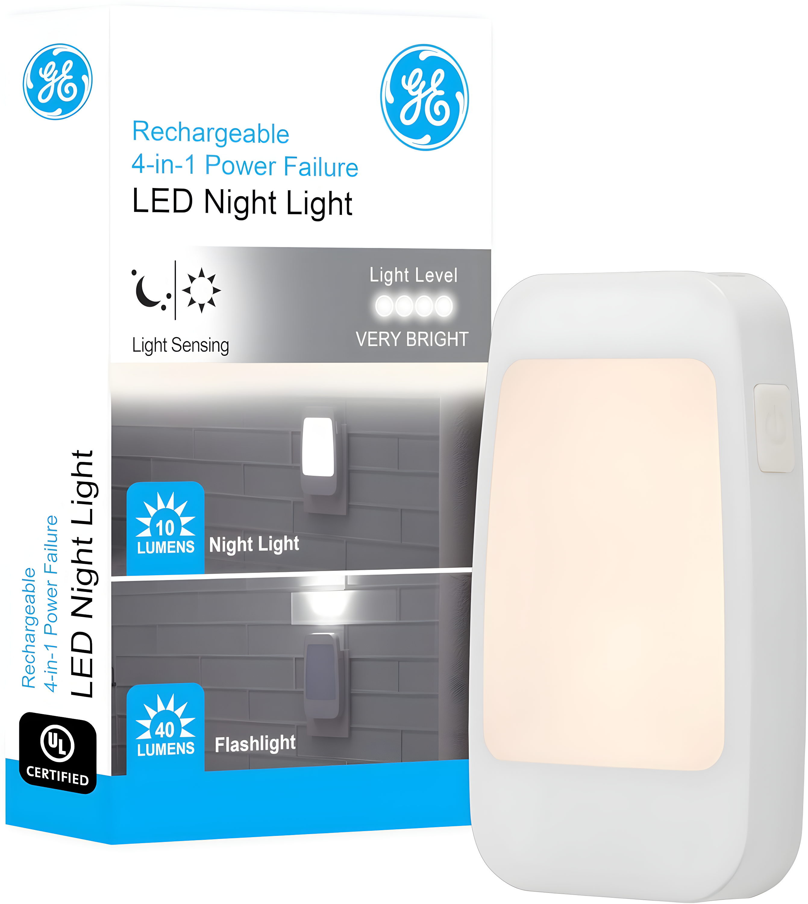 GE 4-in-1 Power Failure LED Night Light, Plug-in, Light Sensing, Rechargeable