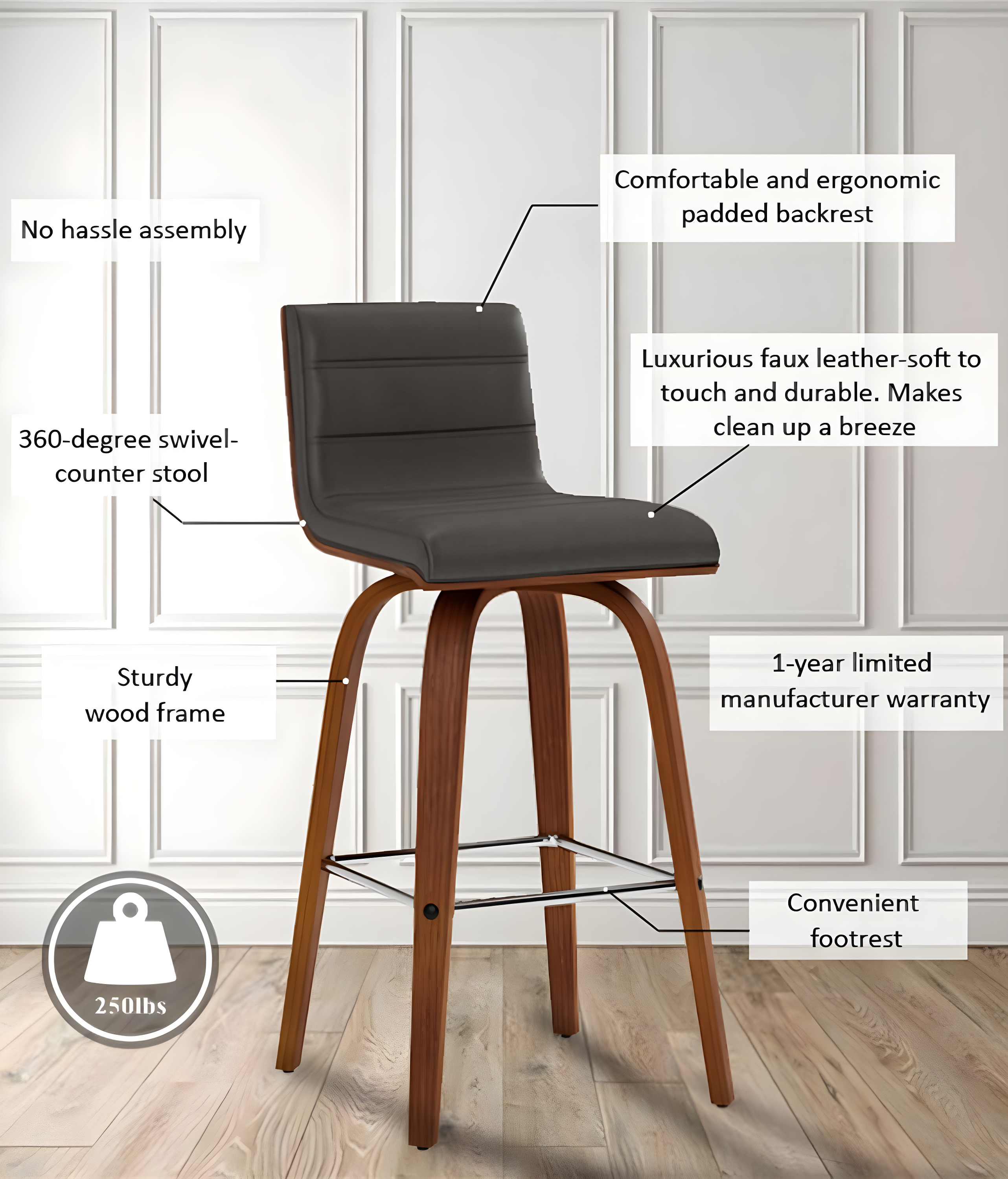 Vienna 26" Swivel Counter Stool in Walnut Wood Finish with Gray Faux Leather