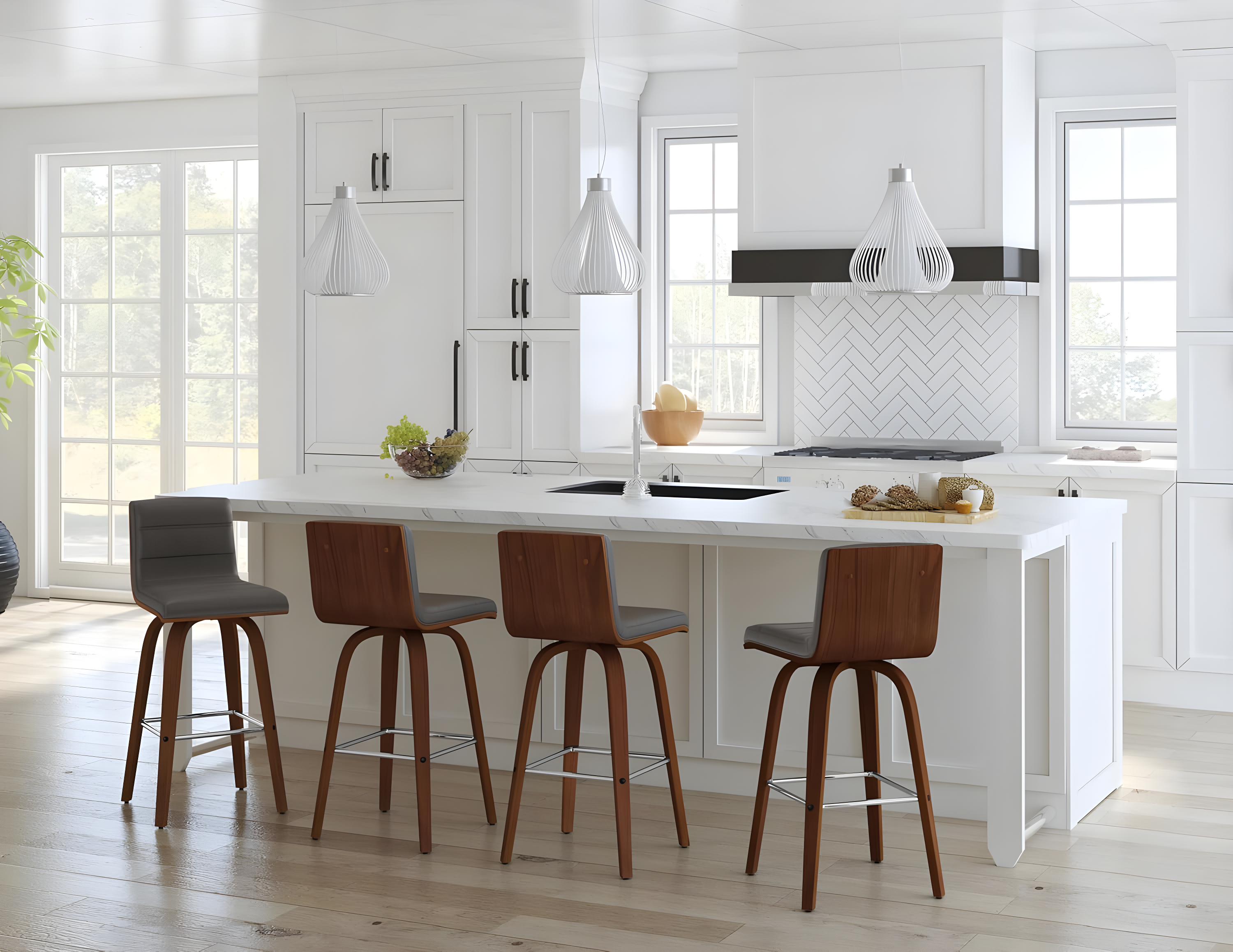 Vienna 26" Swivel Counter Stool in Walnut Wood Finish with Gray Faux Leather