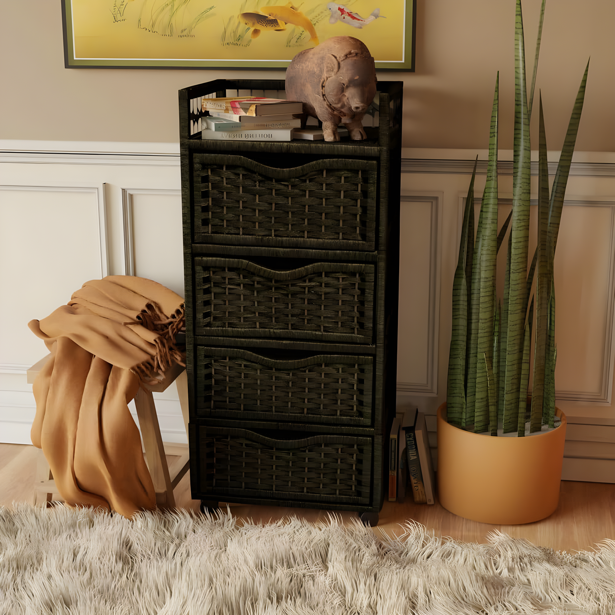 Natural Fiber Wheeled 4-drawer Chest of Drawers - 17.25"W x 12.50"D x 38.25"H Black Stained