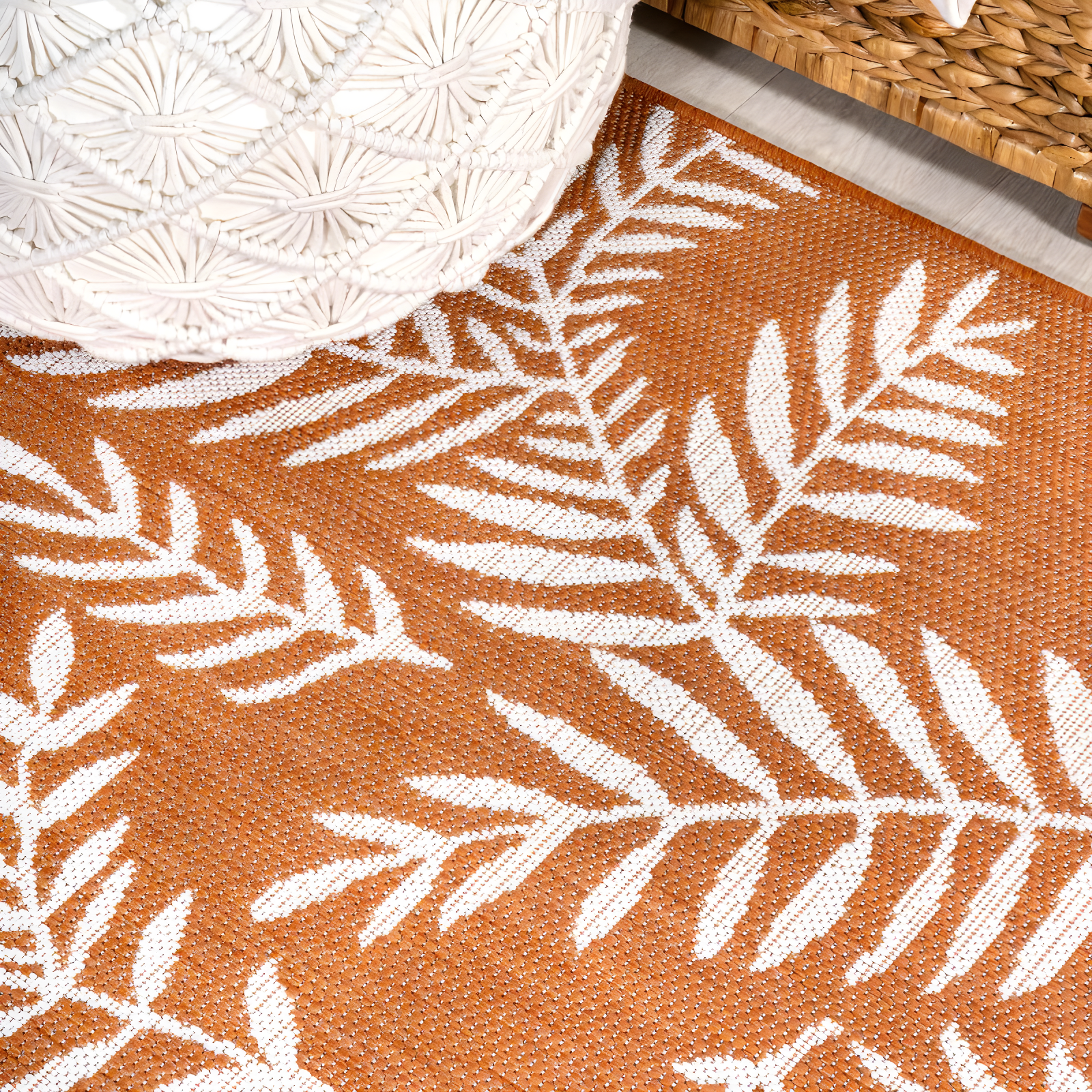 2' x 8' Nevis Palm Frond Indoor/Outdoor Runner Rug, Orange/Cream - JONATHAN Y
