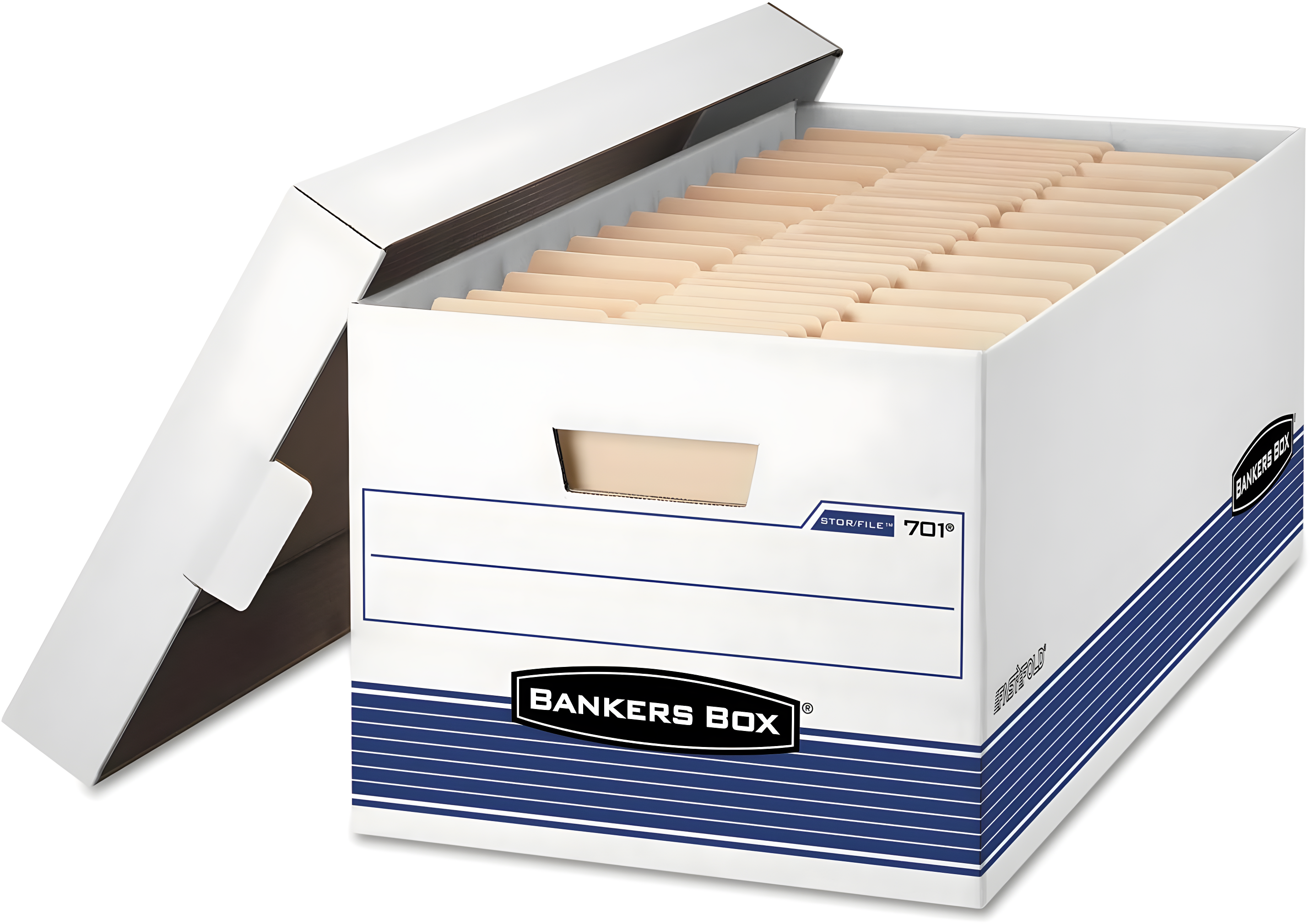 Bankers Box® FastFold Stor/File Lid Box, Legal, 15 x 24 x 10, White/Blue, 4/Ctn