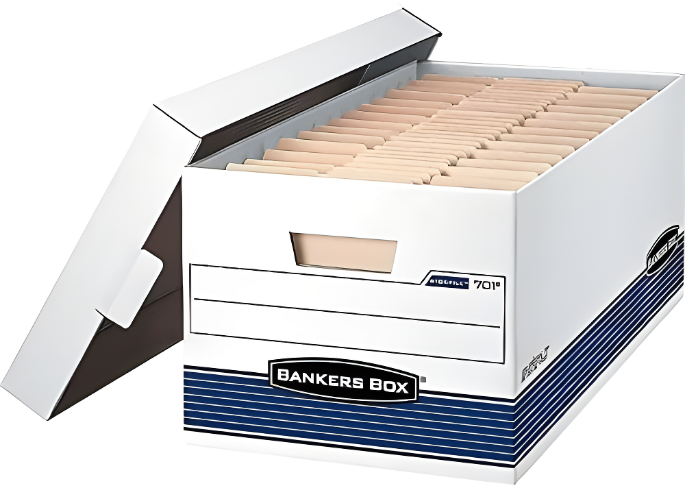 Bankers Box® FastFold Stor/File Lid Box, Legal, 15 x 24 x 10, White/Blue, 4/Ctn