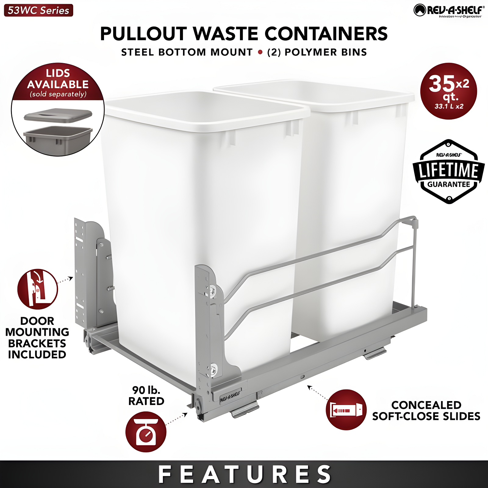 Rev-A-Shelf Double Pull Out Trash Can 35 Qt with Soft-Close