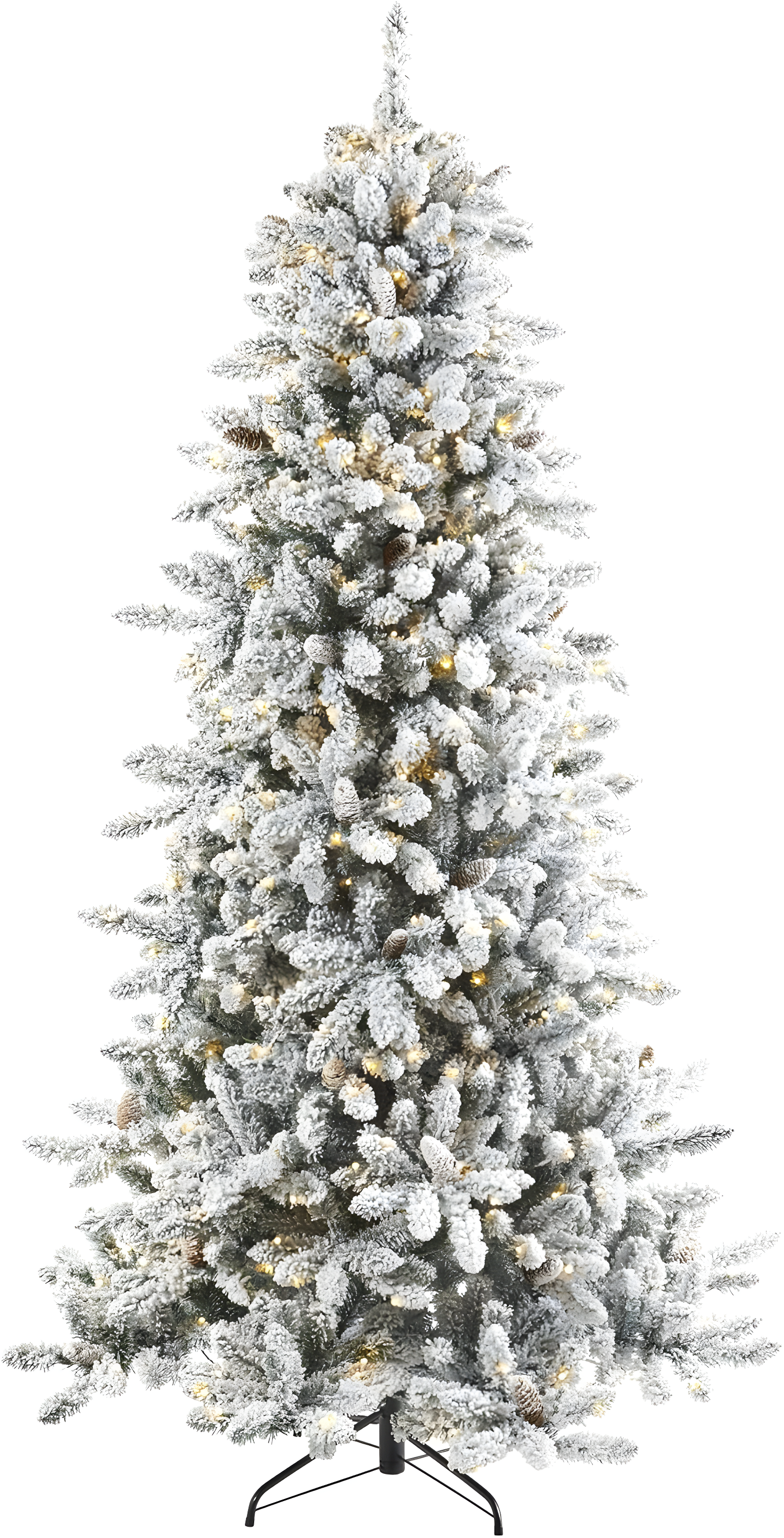 Nearly Natural 7.5' Pre-Lit LED Flocked Slim Livingston Fir with Pinecones, Electric Powered