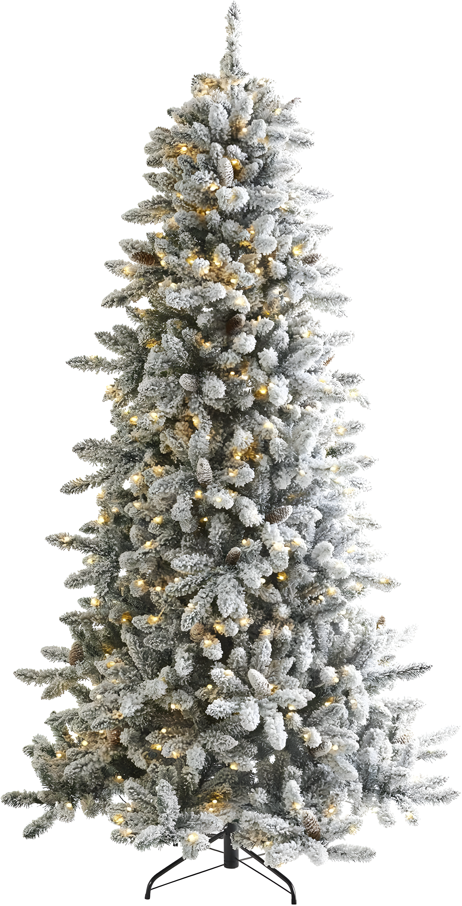 Nearly Natural 7.5' Pre-Lit LED Flocked Slim Livingston Fir with Pinecones, Electric Powered