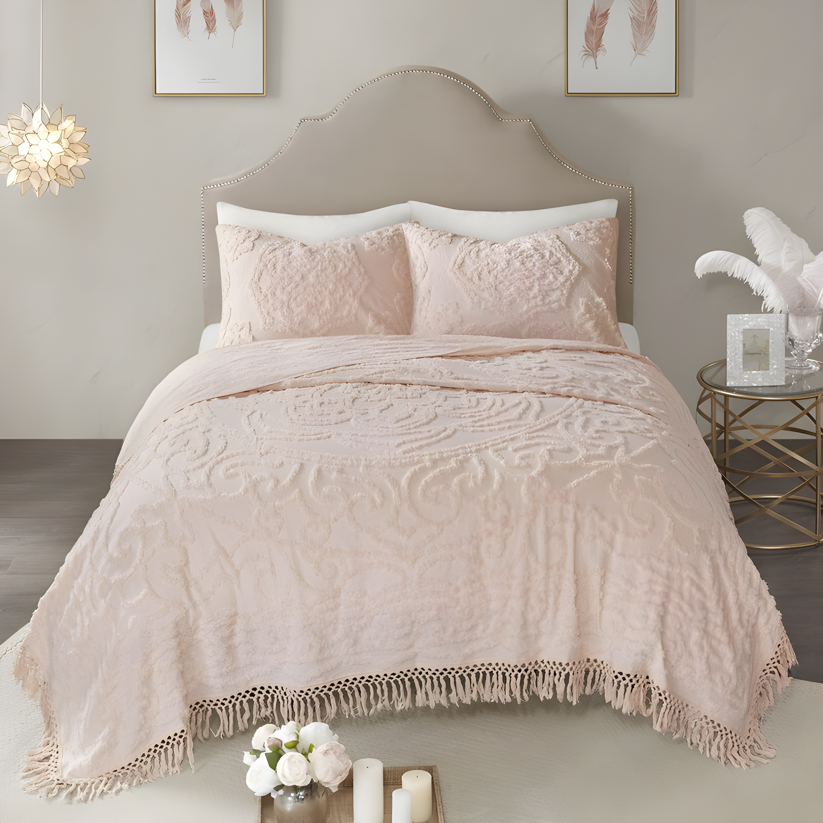 Laetitia Tufted Chenille Cotton Medallion Fringe Coverlet Set