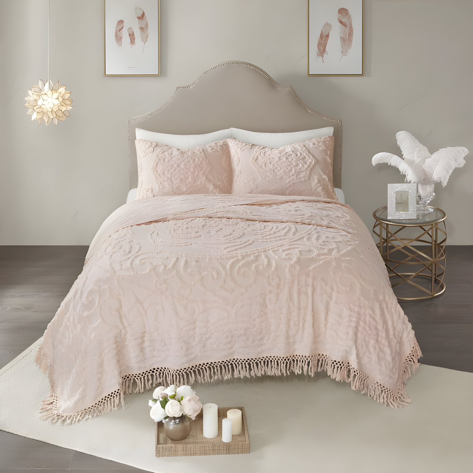 Laetitia Tufted Chenille Cotton Medallion Fringe Coverlet Set