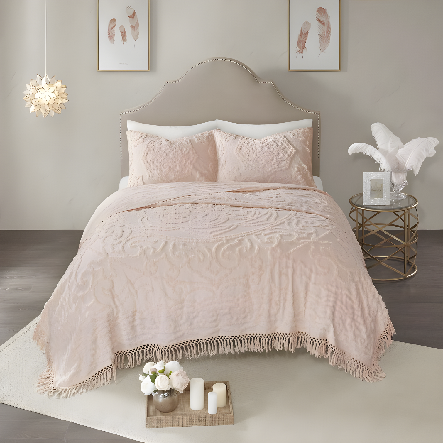 Laetitia Tufted Chenille Cotton Medallion Fringe Coverlet Set