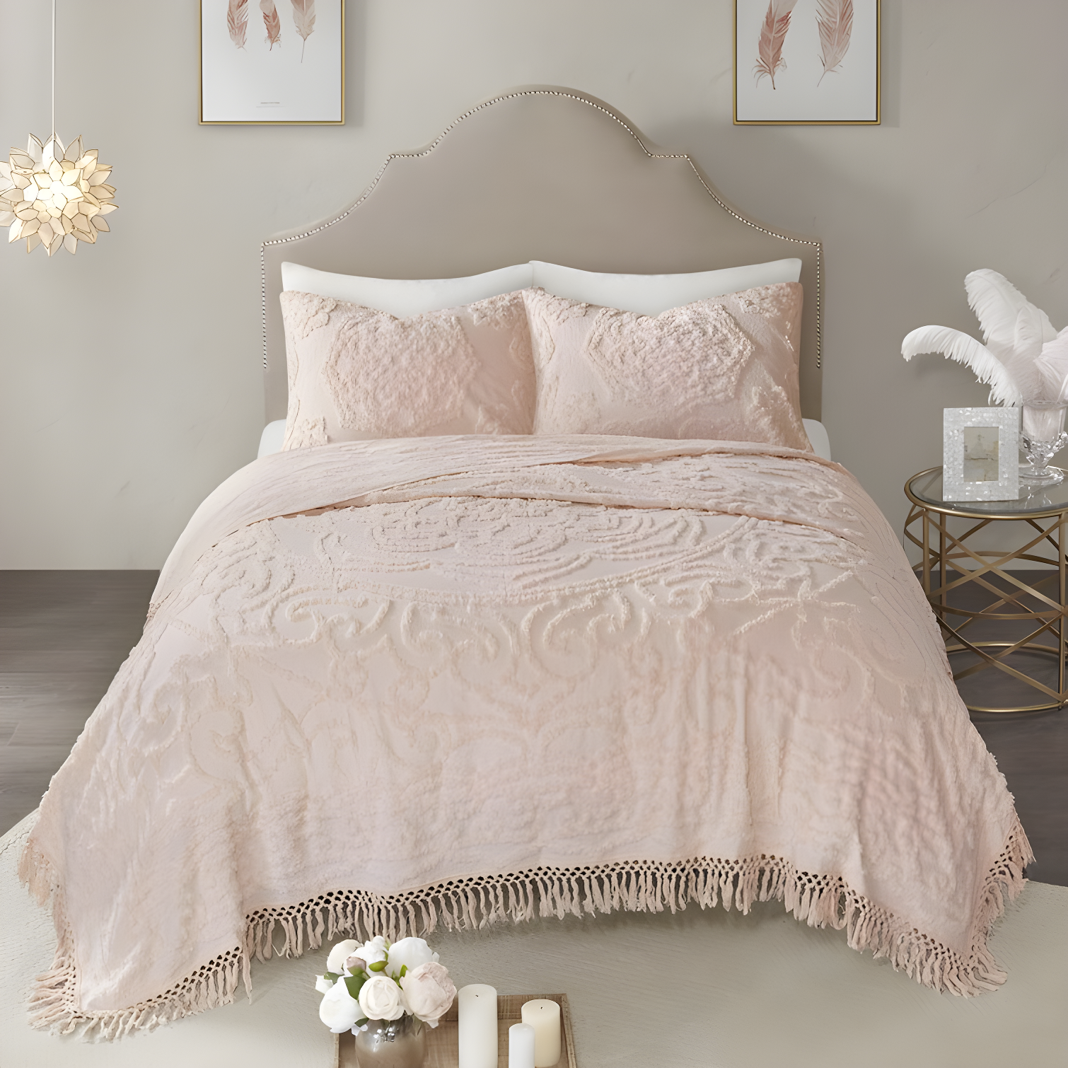 Laetitia Tufted Chenille Cotton Medallion Fringe Coverlet Set
