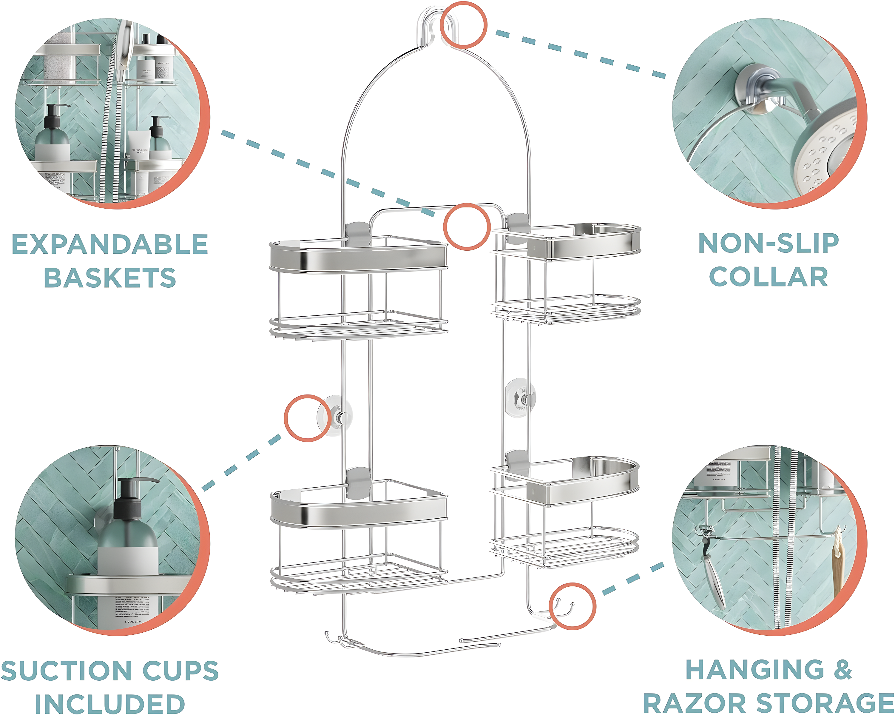 zenna home 7546nsp, expandable over-the-showerhead caddy, chrome
