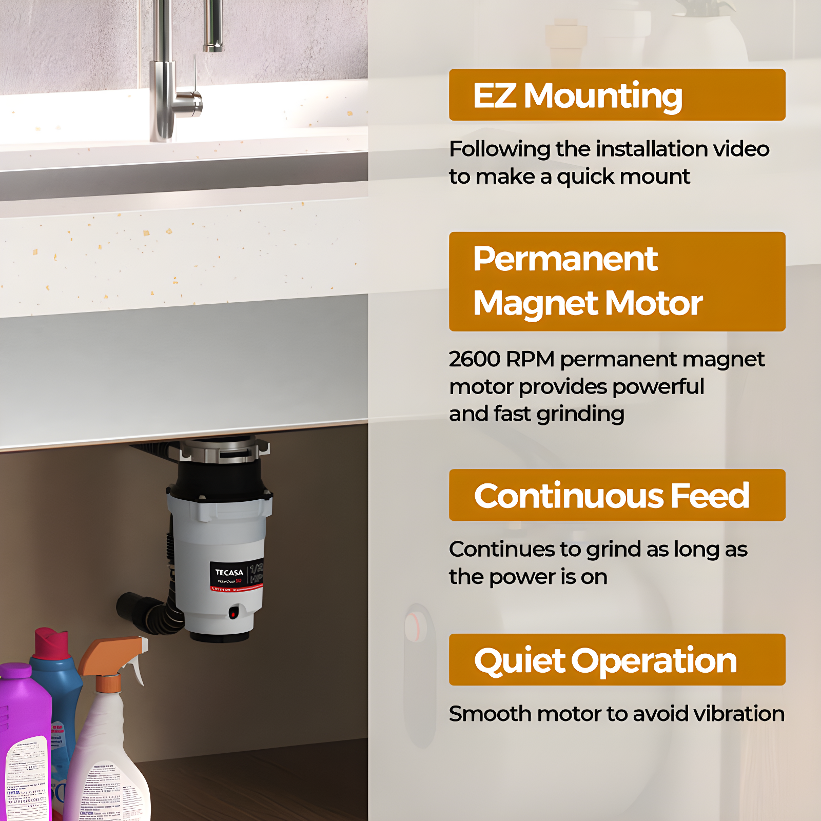TECASA 1/2 Hp Garbage Disposals, 2600 Rpm, 30.4 Oz, 115v, With Power Cord