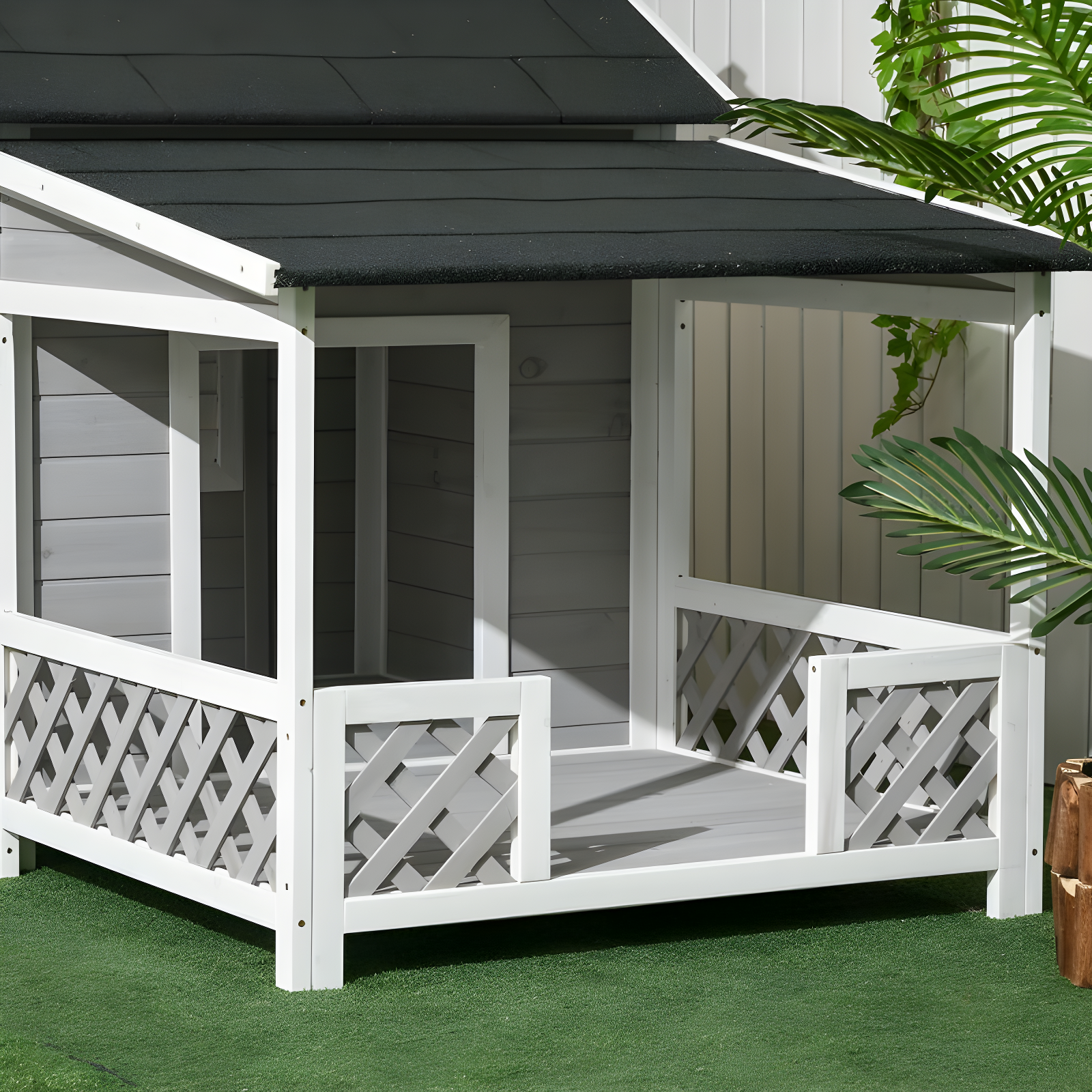 PawHut Wooden Dog House Outdoor with Porch, Raised Dog Shelter with Asphalt Roof, Doors and Shutter Window, for Medium Large Sized Dog, Light Gray