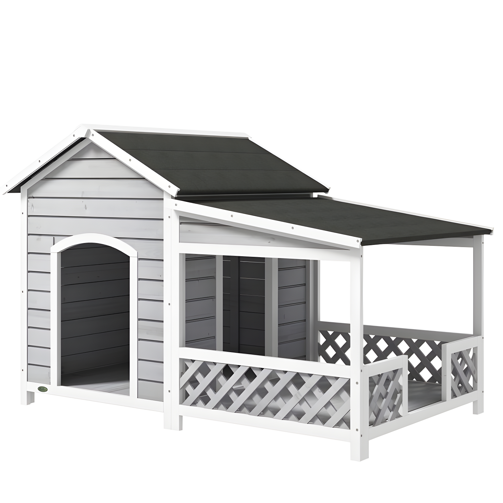 PawHut Wooden Dog House Outdoor with Porch, Raised Dog Shelter with Asphalt Roof, Doors and Shutter Window, for Medium Large Sized Dog, Light Gray