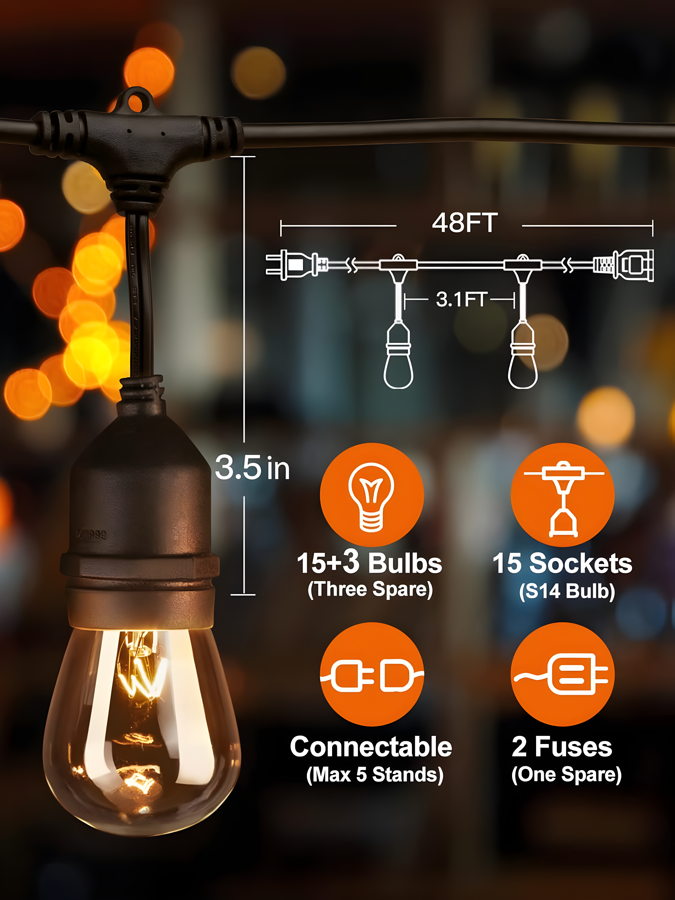addlon 48 FT Outdoor String Lights Commercial Grade Weatherproof Strand, 18 Edison Vintage Bulbs, 15 Hanging Sockets (3 Spare Bulbs), ETL Listed Heavy-Duty Decorative Christmas Lights for Patio Garden