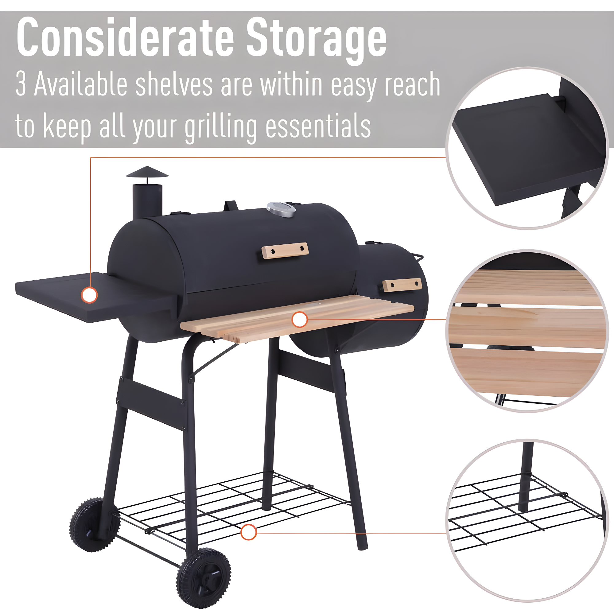 Outsunny 231 Sq.In. Steel Portable Backyard Charcoal BBQ Grill and Offset Smoker Combo with Wheels