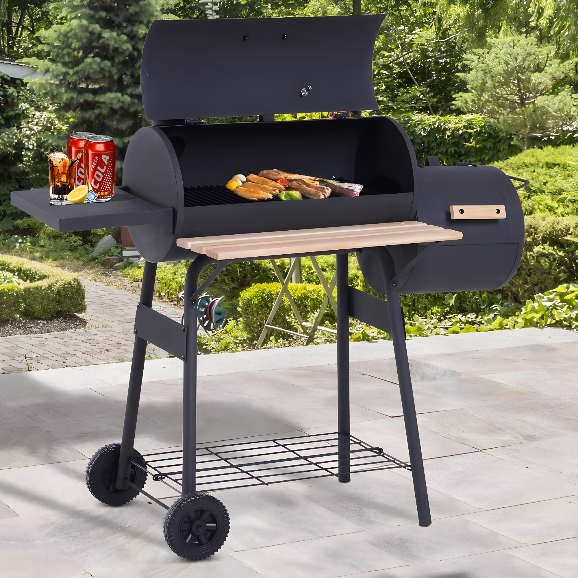 Outsunny 231 Sq.In. Steel Portable Backyard Charcoal BBQ Grill and Offset Smoker Combo with Wheels