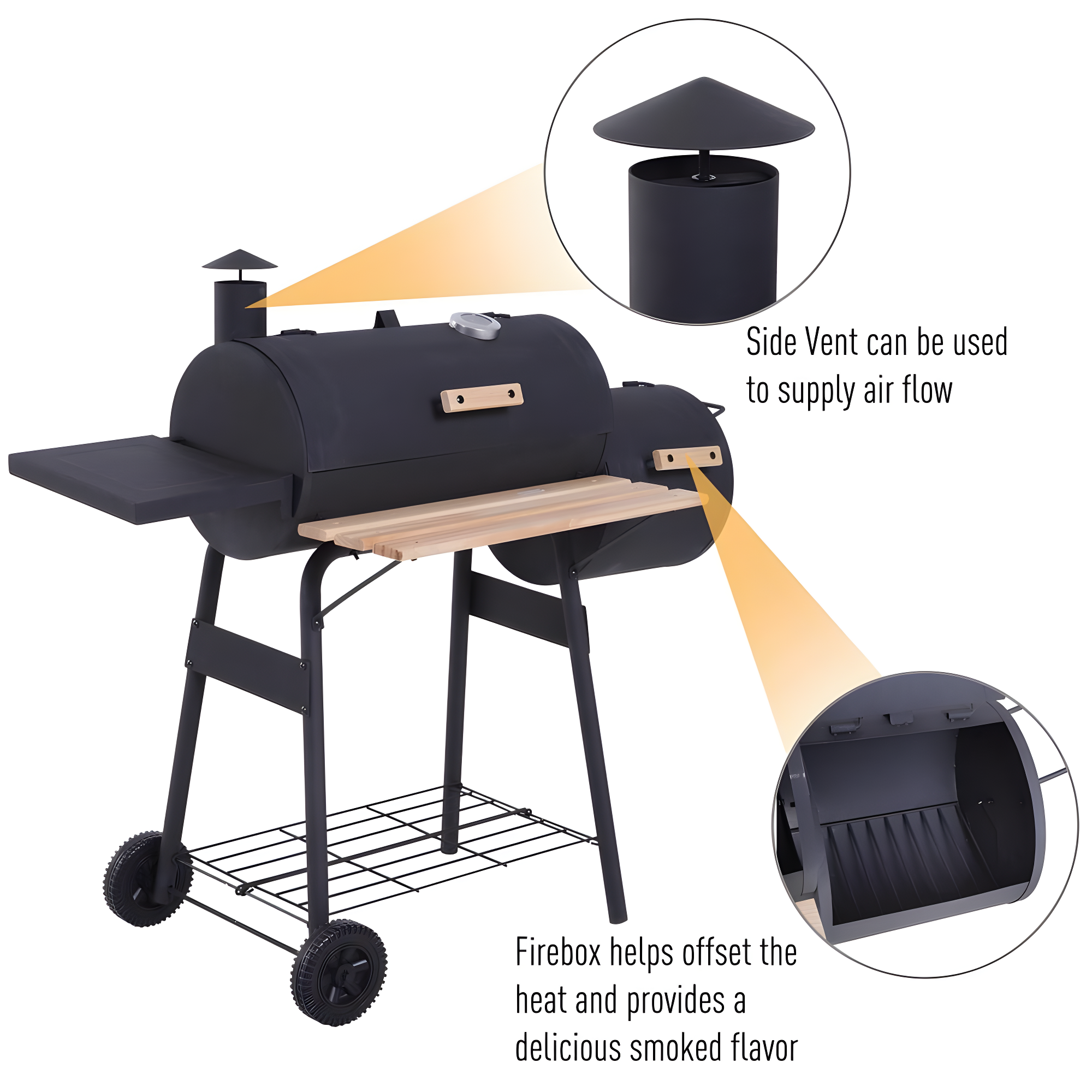 Outsunny 231 Sq.In. Steel Portable Backyard Charcoal BBQ Grill and Offset Smoker Combo with Wheels