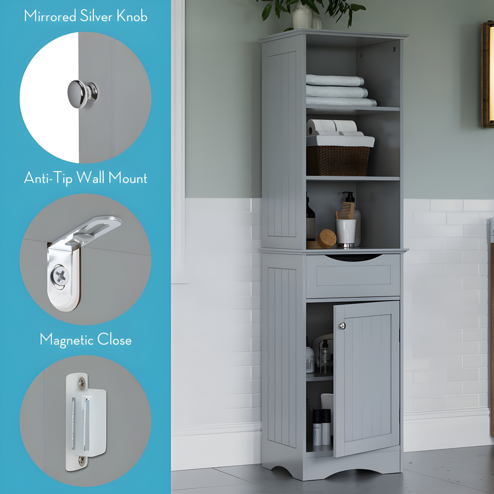 RiverRidge Home RiverRidge Ashland Tall Bathroom Storage Linen Cabinet and Organizer with Drawer and Shelves