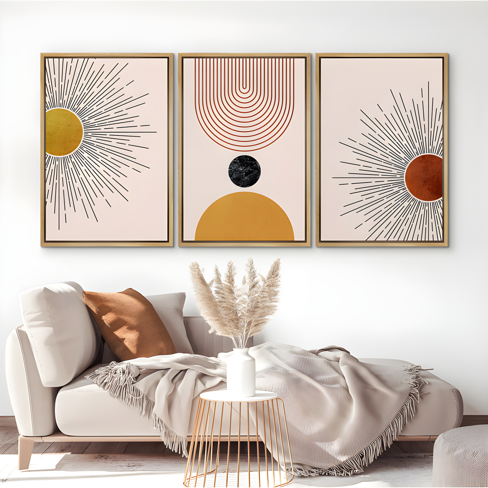Mid Century Modern Boho Bright Nordic Abstract  Living Room Framed Canvas 3 Pieces Print Wall Art