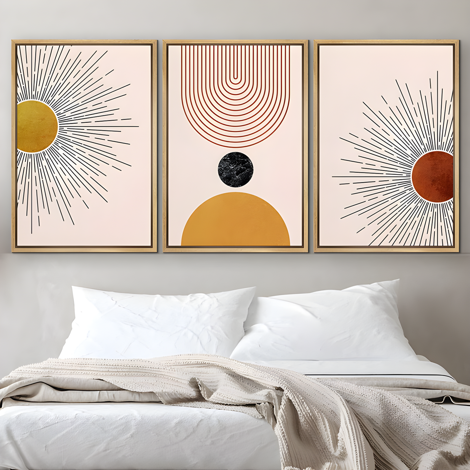 Mid Century Modern Boho Bright Nordic Abstract  Living Room Framed Canvas 3 Pieces Print Wall Art