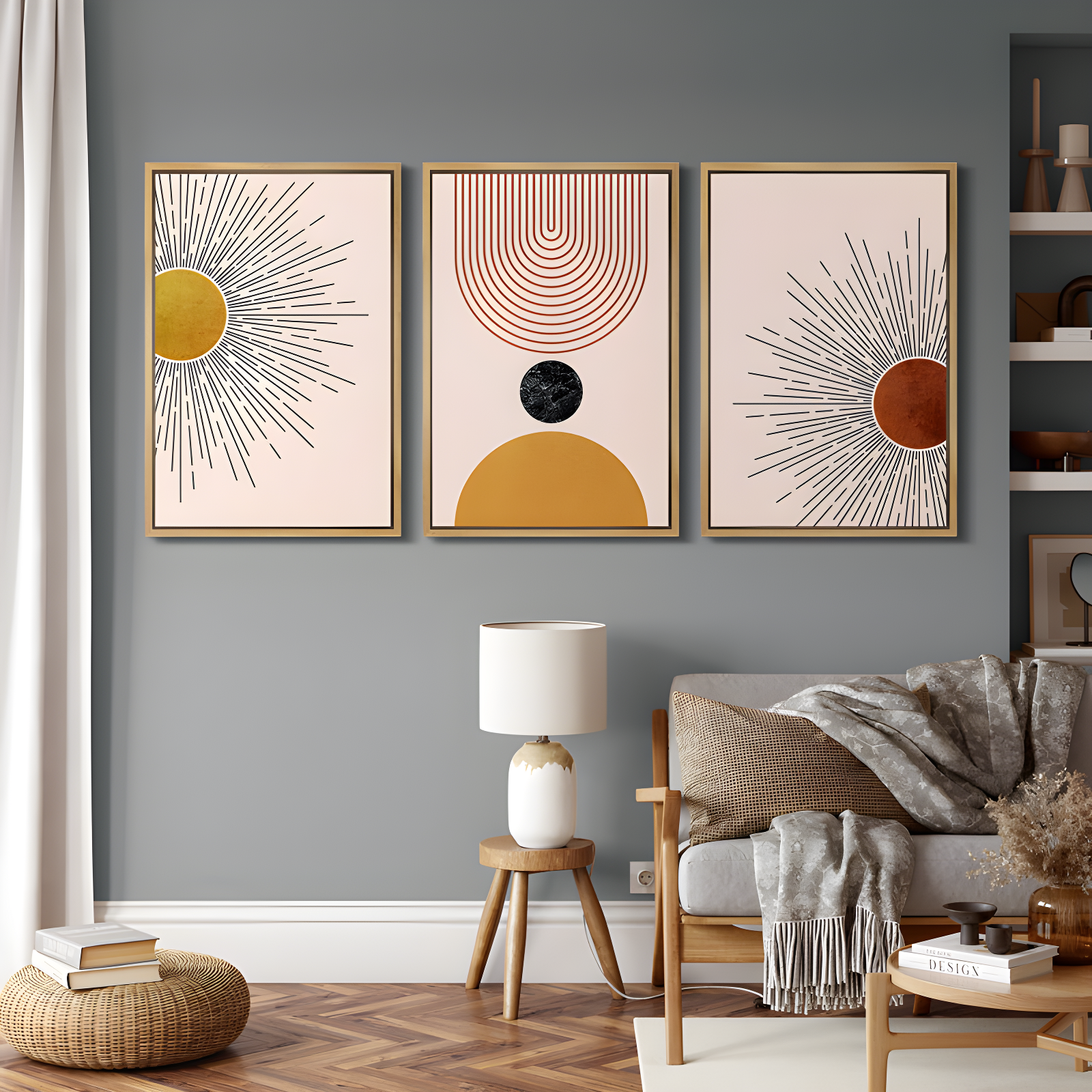 Mid Century Modern Boho Bright Nordic Abstract  Living Room Framed Canvas 3 Pieces Print Wall Art