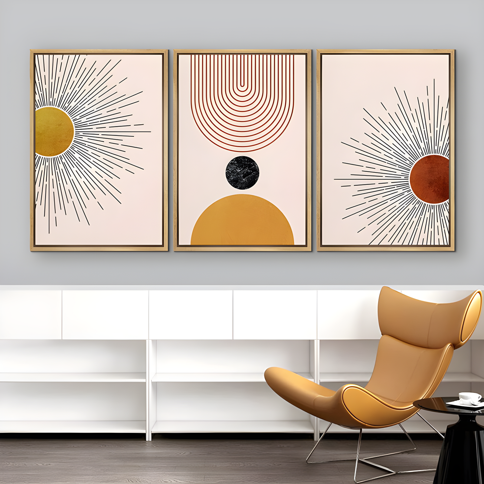Mid Century Modern Boho Bright Nordic Abstract  Living Room Framed Canvas 3 Pieces Print Wall Art