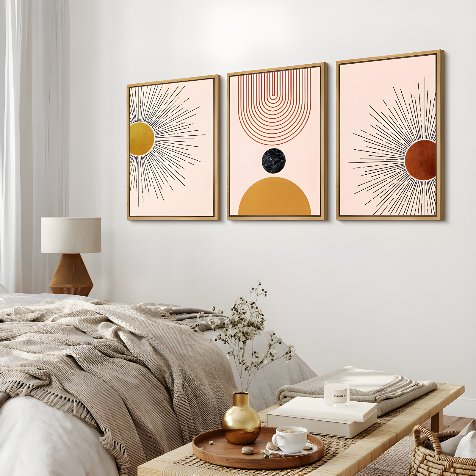 Mid Century Modern Boho Bright Nordic Abstract  Living Room Framed Canvas 3 Pieces Print Wall Art