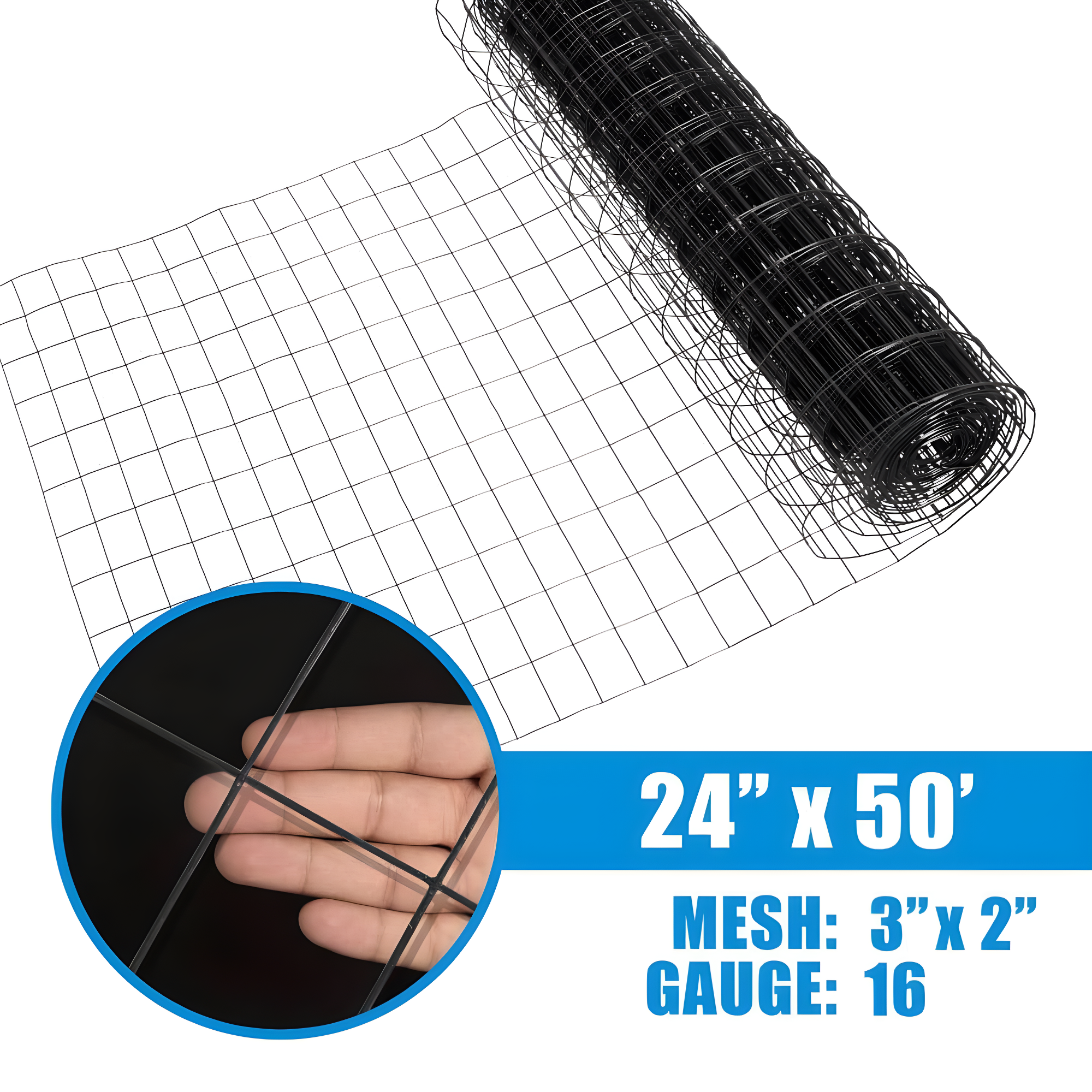 16 Gauge Black Vinyl Coated Steel Wire Roll, Mesh Size 3" x 2", Multiple Use for Home Improvement