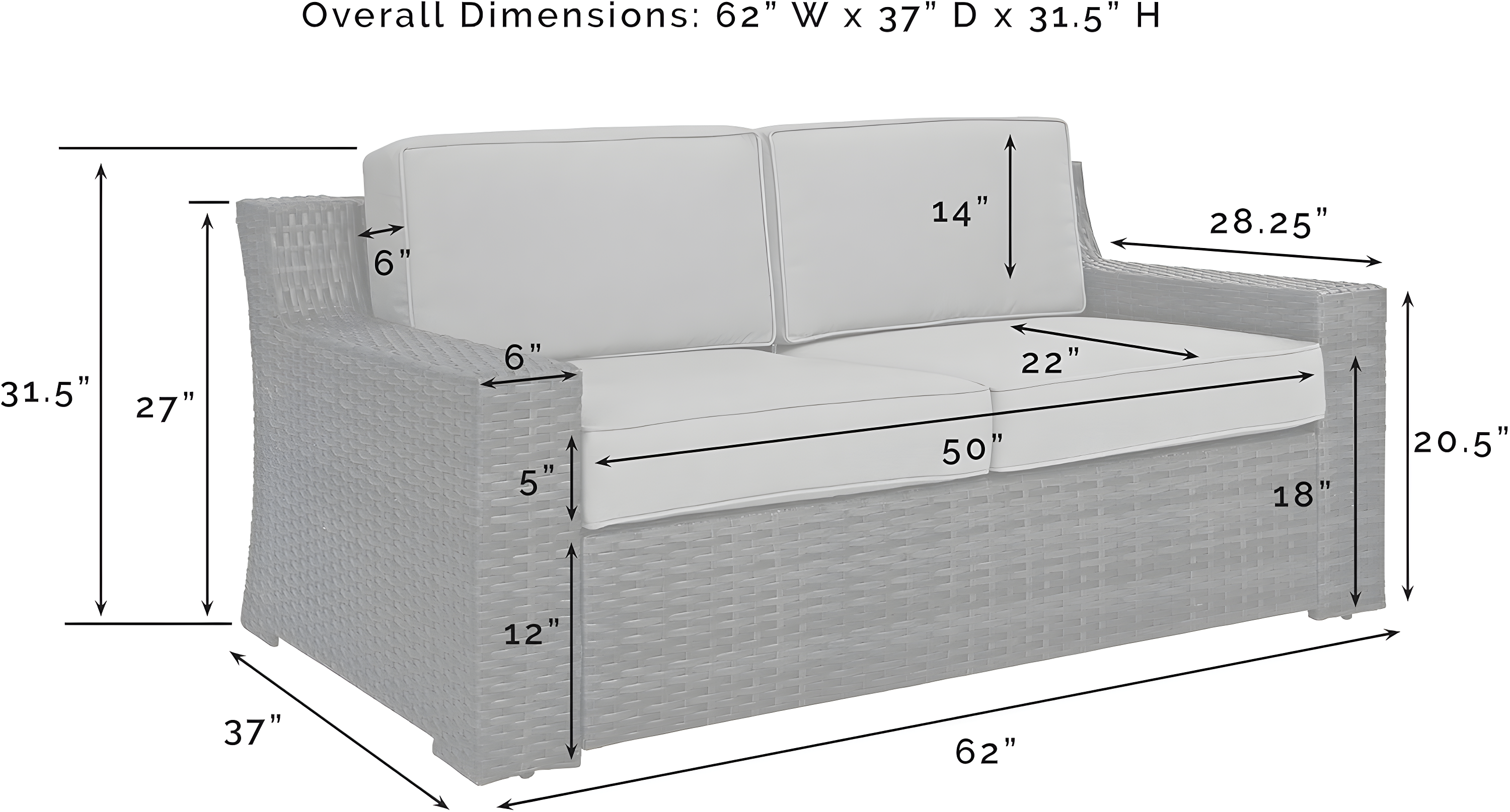 Beaufort Outdoor Wicker Loveseat - Mist - Crosley: Powder-Coated Steel Frame, UV-Resistant, with Foam Cushions