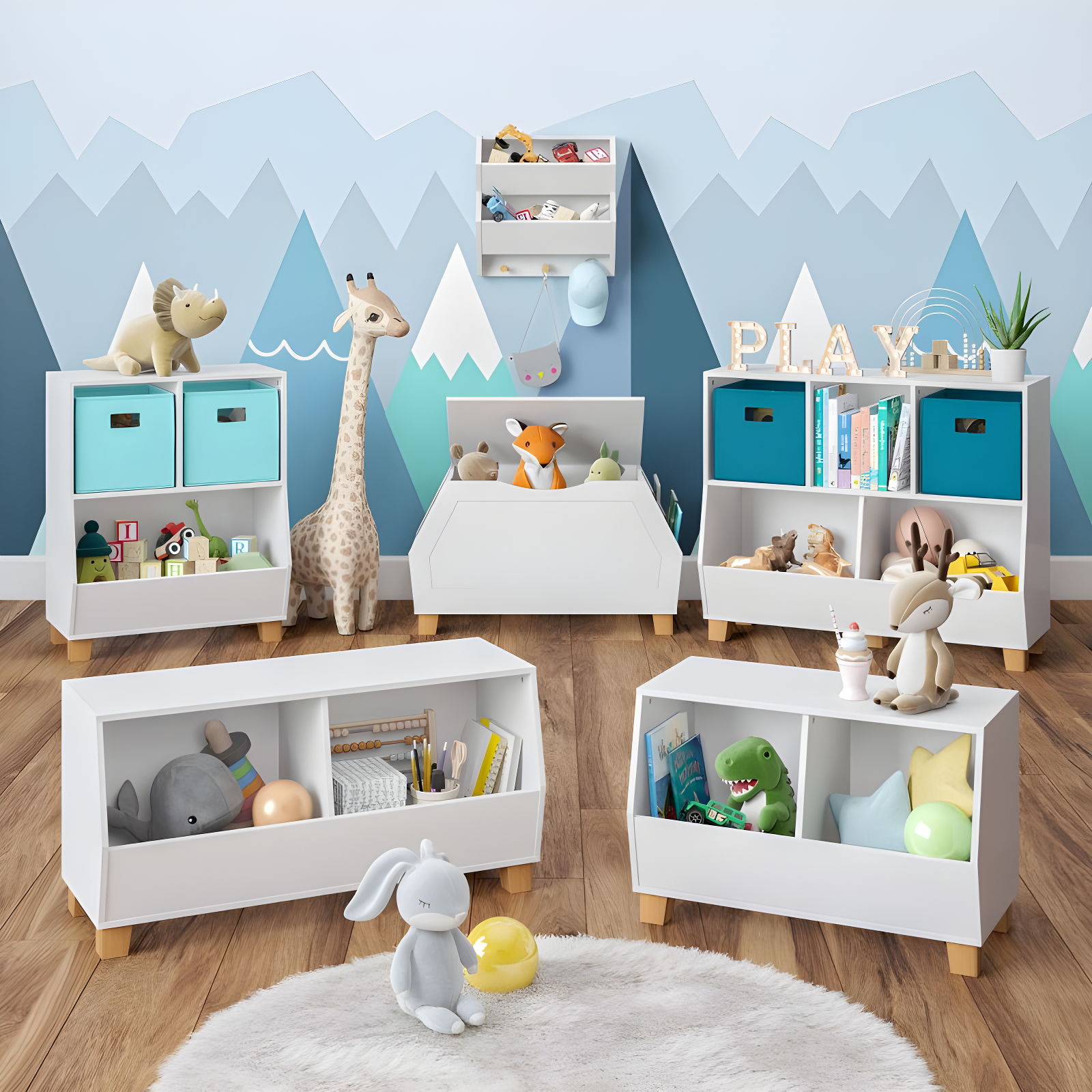 RiverRidge Home RiverRidge Kids Playroom Catch-All Game and Toy Storage Organizer Box with Side Bookshelves