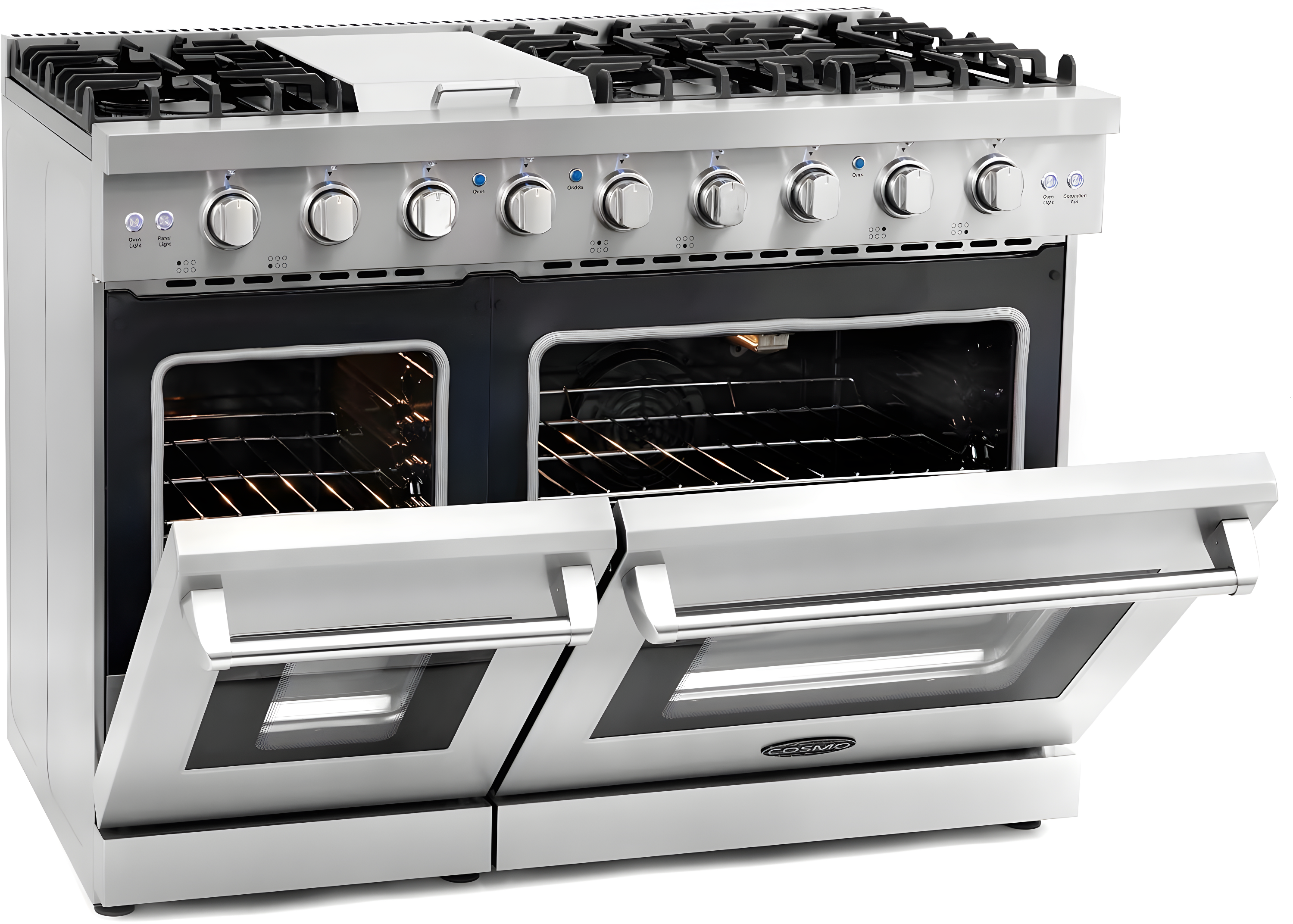 Cosmo 48 in. Haven Collection 7 cu. ft. Double Oven Gas Range, 6 Burners, Griddle, Convection, Knob LEDs, Stainless Steel