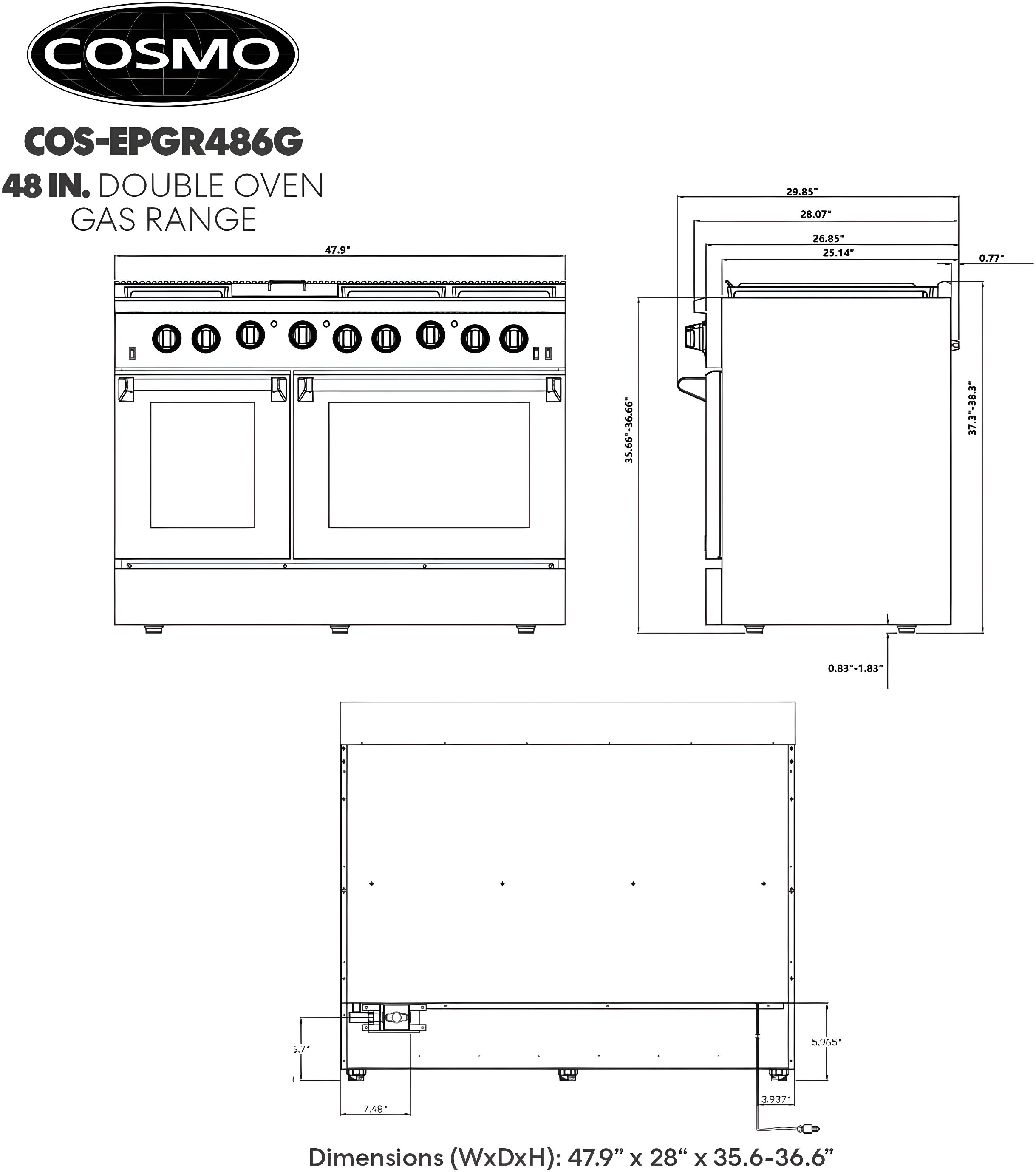 Cosmo 48 in. Haven Collection 7 cu. ft. Double Oven Gas Range, 6 Burners, Griddle, Convection, Knob LEDs, Stainless Steel