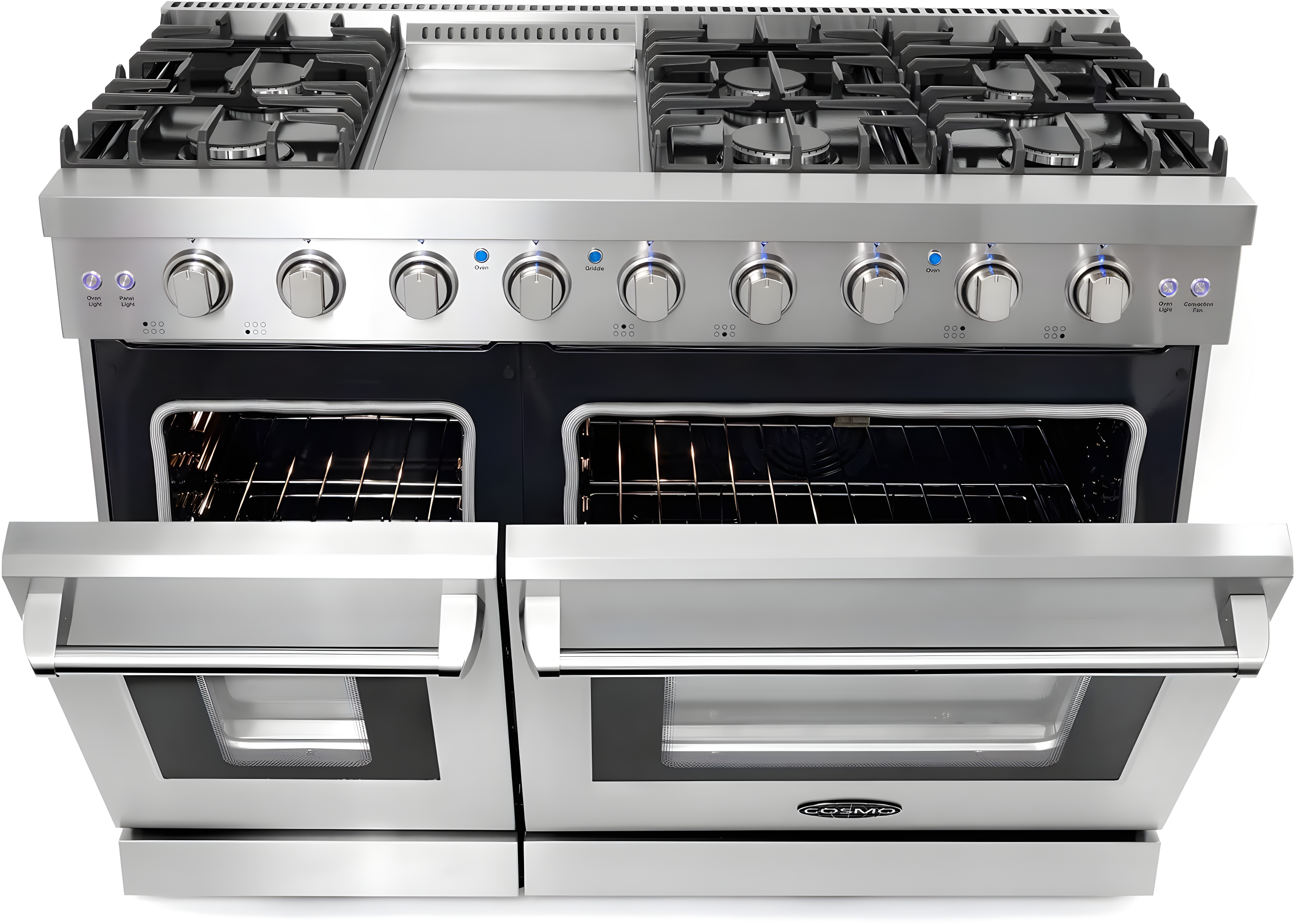 Cosmo 48 in. Haven Collection 7 cu. ft. Double Oven Gas Range, 6 Burners, Griddle, Convection, Knob LEDs, Stainless Steel