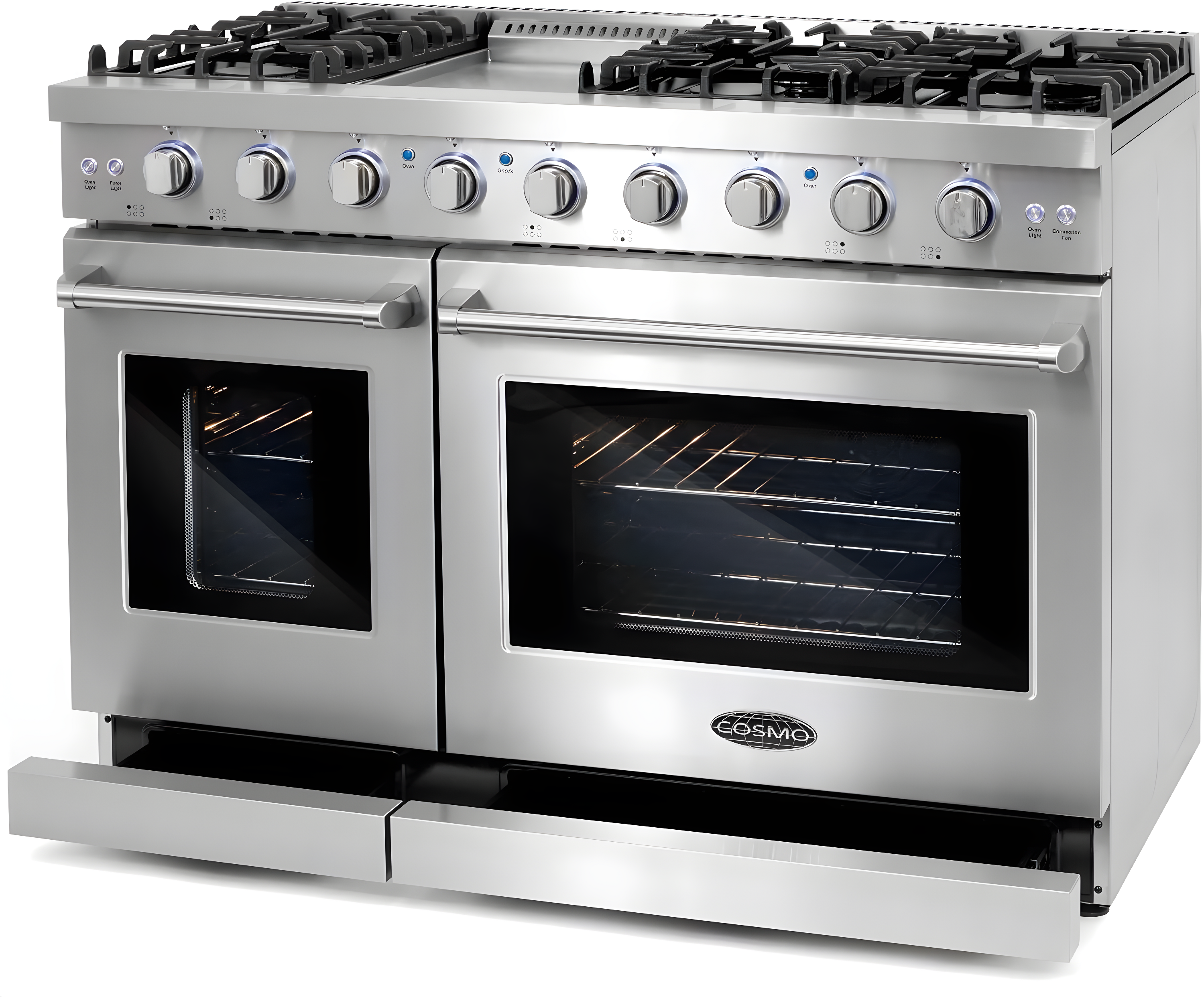 Cosmo 48 in. Haven Collection 7 cu. ft. Double Oven Gas Range, 6 Burners, Griddle, Convection, Knob LEDs, Stainless Steel